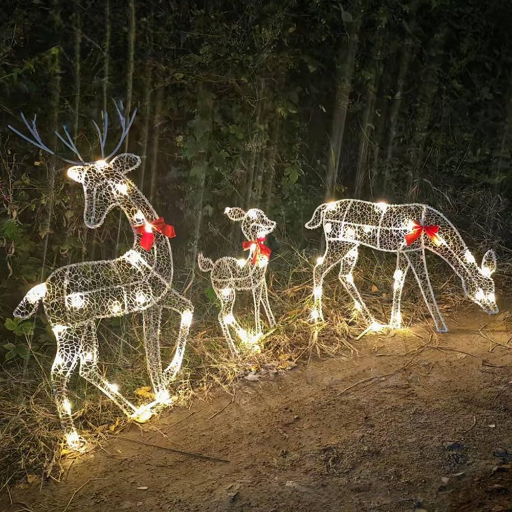 Beleuchtete Weihnachtsdekoration Hirsch 3 Stück Weihnachten Glitzernde LED Rentier Wetterbeständige Metall Hirsch Figur Outdoor Hof Rentier Urlaub Dekoration für Garten Festlich Hof