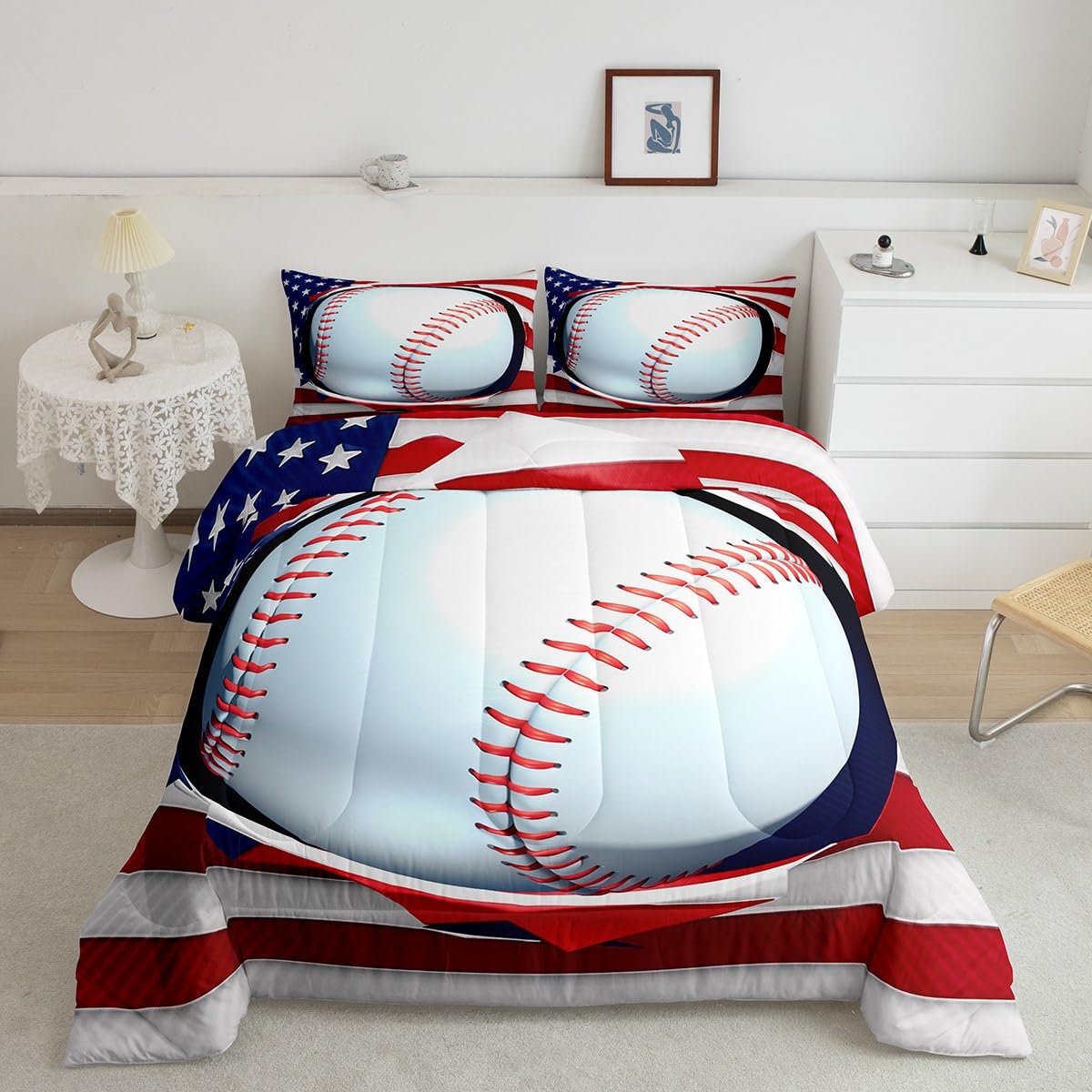 Erosebridal American Flag Bedding Set Full,3D Baseball United States Flag Comforter Set for Boys Teens,Red White Retro Softball USA National Flag Quilted Duvet Ball Sports Game Duvet Filler,Black