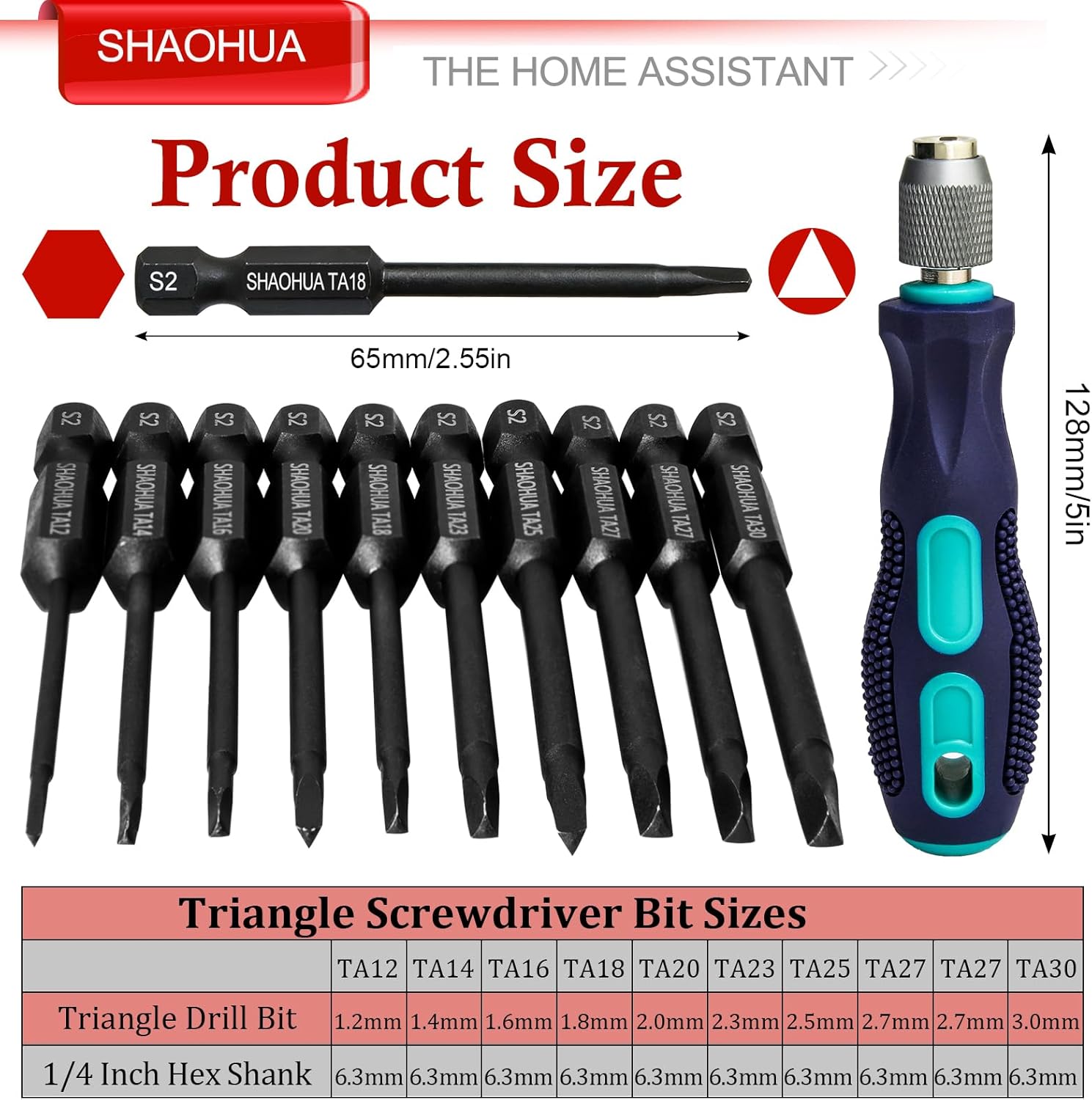 10PCS Triangle Screwdriver Set, S2 Steel Quick Change Bit Driver, Triangle Drill Bit Set Sizes TA12/14/16/18/20/23/25/27/30, 1/4 Inch Hex Head 2.55"(65mm) Triangle Head Screwdriver