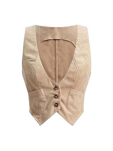 Verdusa Women's Button Front Scoop Neck Sleeveless Patch Pocket Crop Vest Blazer Jacket - Large - Beige