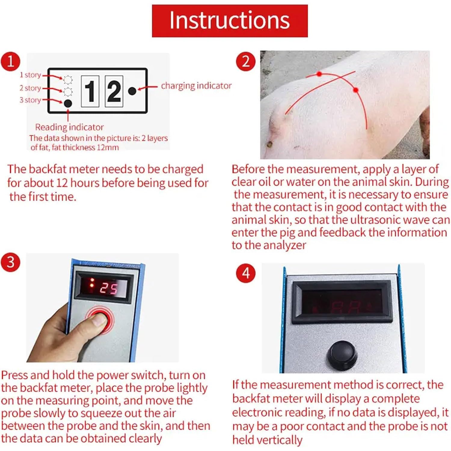 Medidor de grasa de cerdo de alta precisión, probador portátil para medir el grosor de la grasa dorsal de 4 a 45 mm, equipado con tres luces indicadoras para uso en ganado