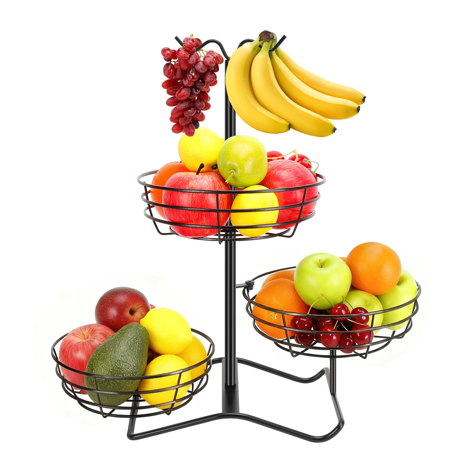 Winmien Black 3 Tier Fruit Basket Bowl With 2 Banana Hooks, Solid Metal Standing Vegetable Storage For Kitchen Counter, Super Capacity Organizer For Bread Snack Produce (Black)