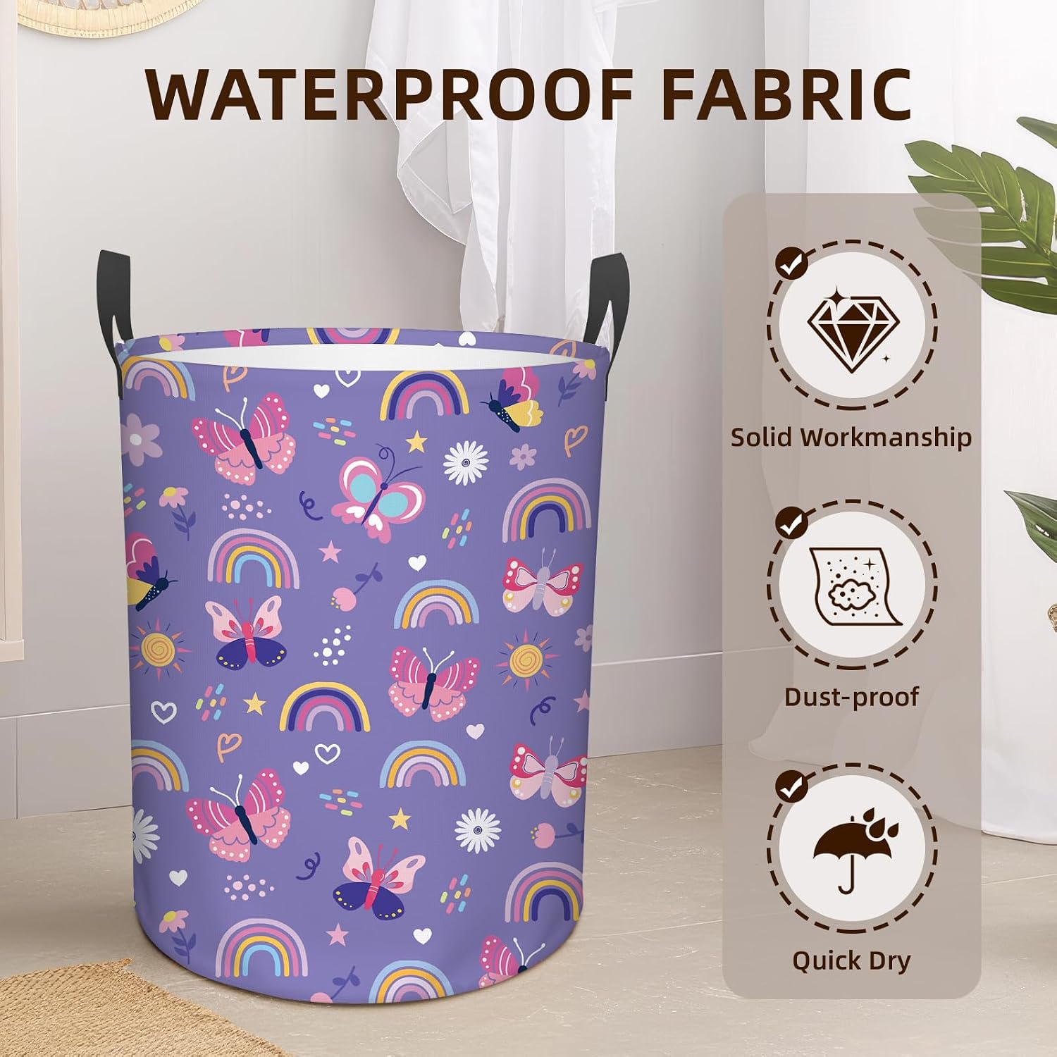 Butterfly Rainbow Laundry Hamper, Booklover Waterproof Collapsible Laundry Basket for Bedroom, 43L Round Nursery Hamper Storage Bin with Handles for Toys, Storage Basket for Cat Lover, Room Decor
