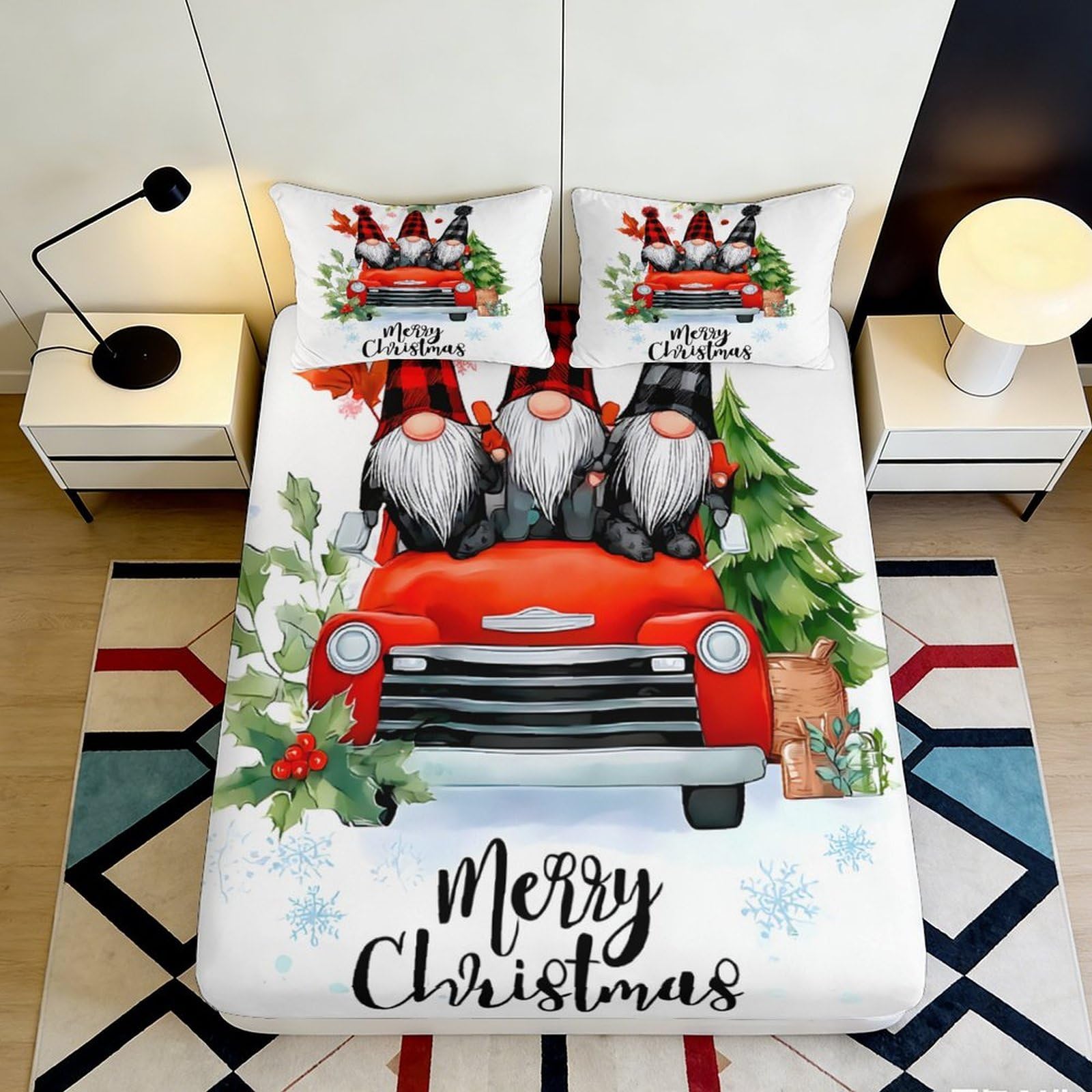 Jqzkxnhpbr Style-5 3D Printed Christmas Red Truck Fitted Sheet Microfiber Soft Breathable Gnome Bed Cover For Bedroom Dorm Decor 90X200x25cm