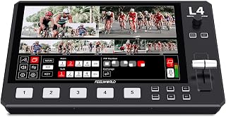 Feelworld L4 10.1" Touchscreen Video Switcher - 5-Input Live Stream Mixer with Chroma Key, Logo Overlay & T-Bar Control