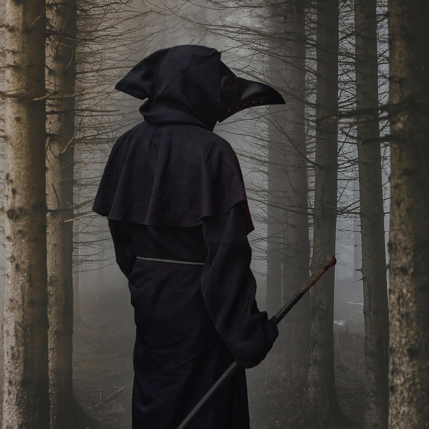 Medieval Plague Doctor Costume Mask Set,Black Hooded Halloween Cosplay Outfit for Adults Men Women,Teen