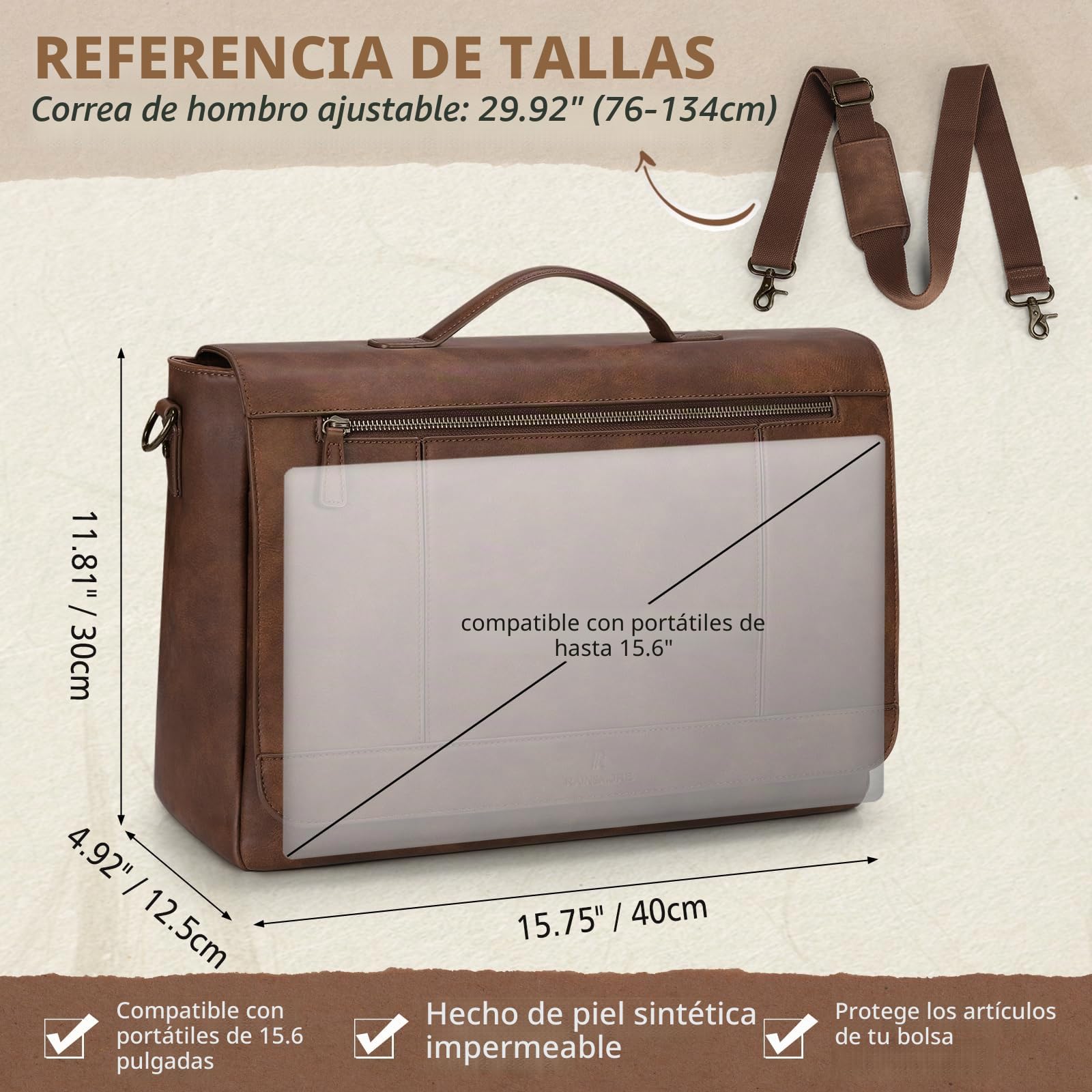 RAINSMORE Bolso bandolera de cuero para hombre, 15.6 pulgadas, impermeable, vintage, maletín para computadora, bolso grande para el trabajo, negocios, oficina, universidad