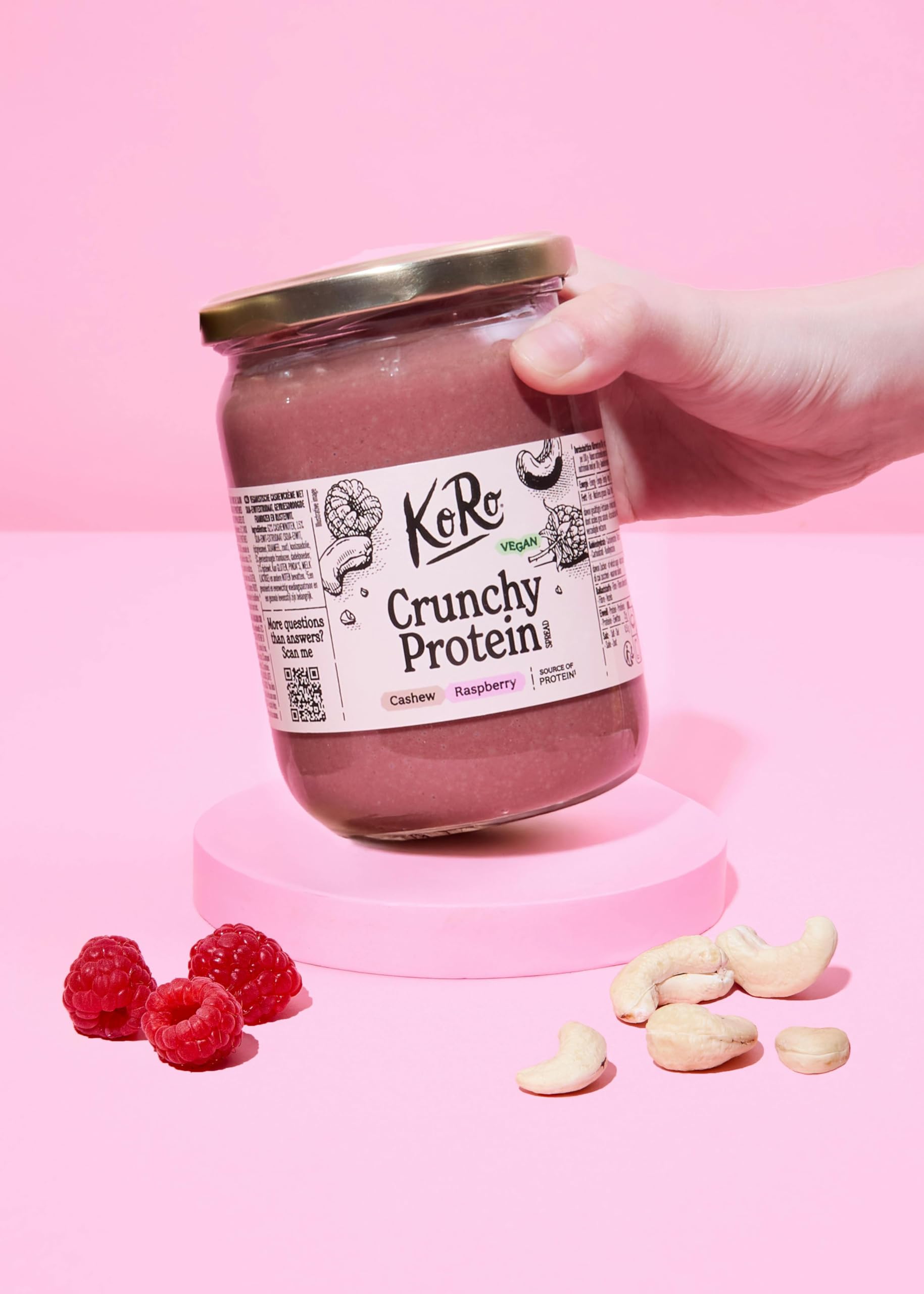 KoRo - Crema spalmabile proteica ai lamponi crunchy vegan 500 g - 62% di frutta secca - Senza olio di palma - Fonte di proteine vegetali