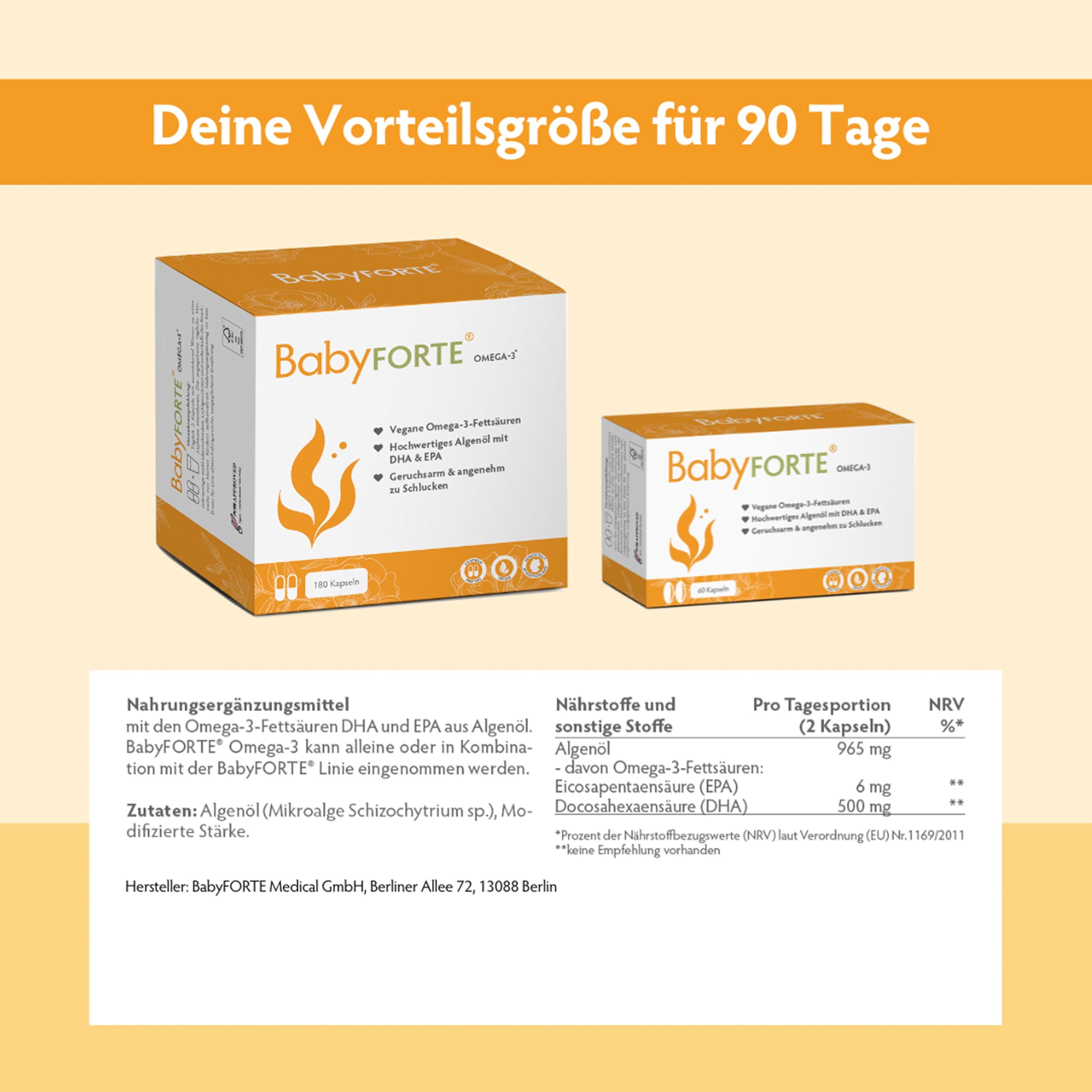 BabyFORTE Omega-3 Algenöl, optimales DHA & EPA Verhältnis, vegan, 180 Kapseln, Kinderwunsch Vitaminen kombinierbar