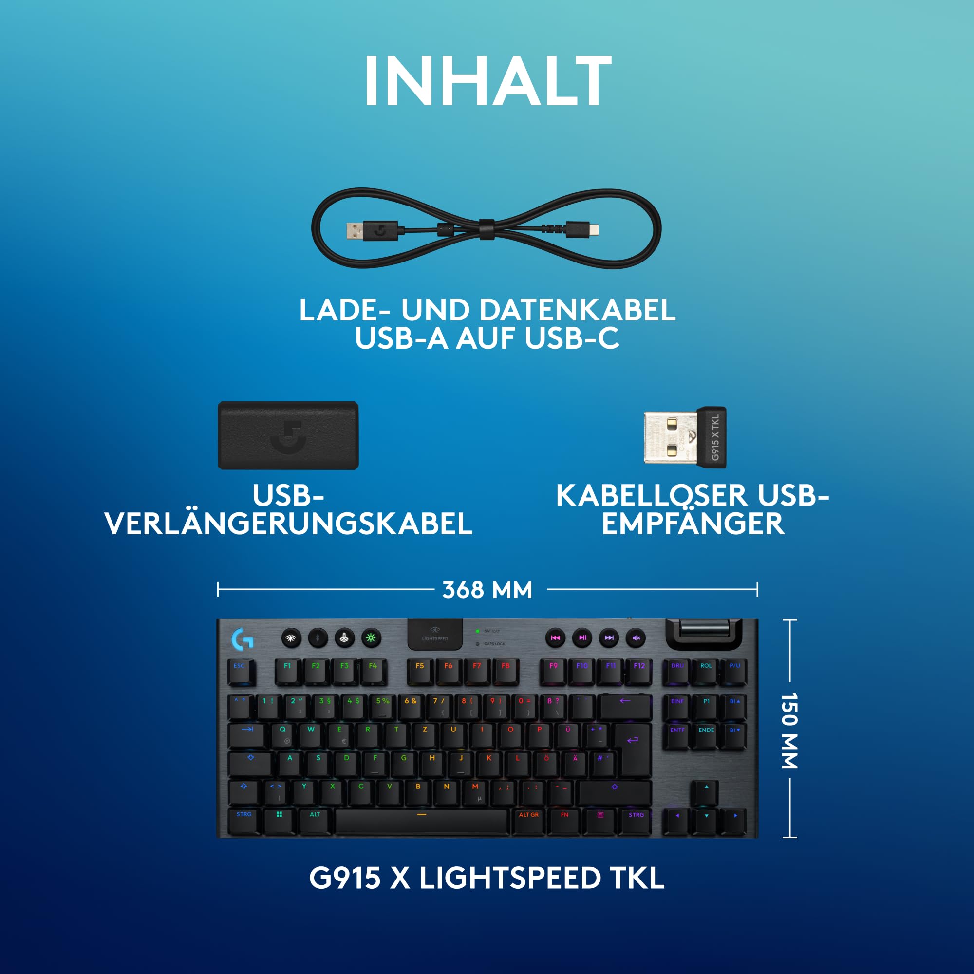 Logitech G G915 X Lightspeed TKL - Flache kabellose Gaming-Tastatur mit Double-Shot-PBT-Tastenkappen, RGB-Hintergrundbeleuchtung, braunen taktilen GL-Switches für PC/Mac, DEU QWERTZ-Layout - Schwarz