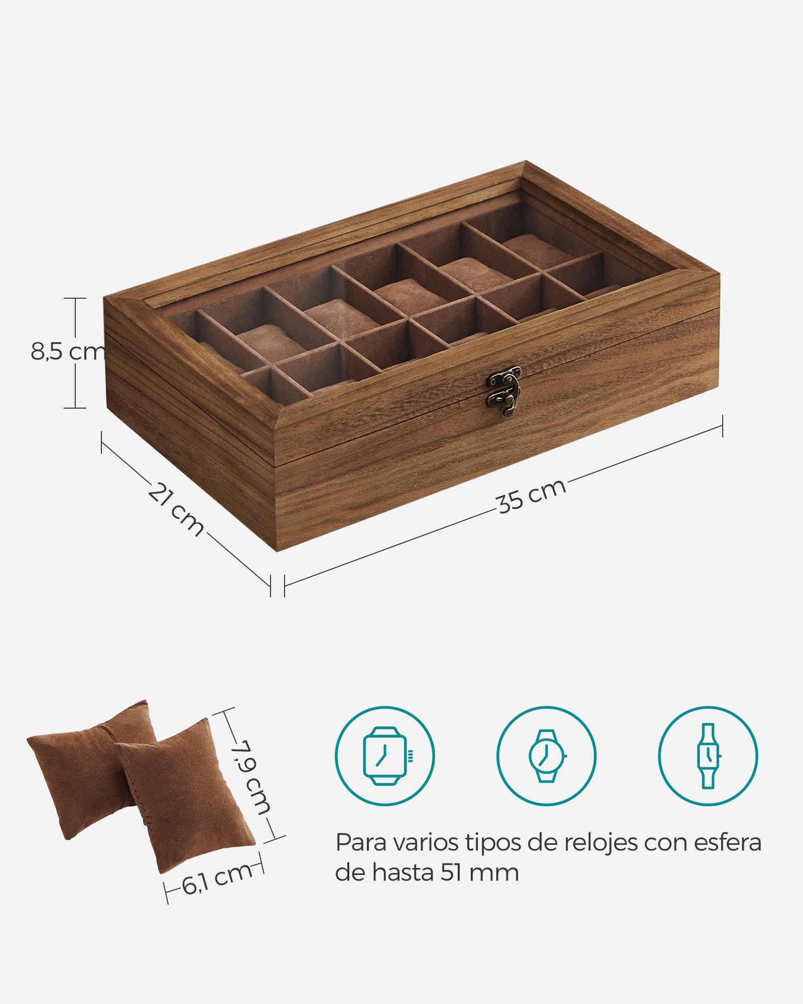 SONGMICS Caja para Relojes 12 Compartimentos Madera Maciza Tapa Cristal Nogal Rústico JOW120K01