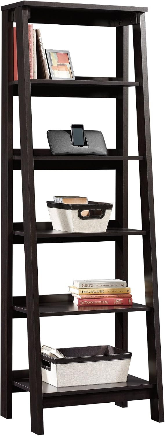 Sauder Ladder Bookshelf 5 Tier Trestle Ladder Shelf Wooden Bookcase, in Jamocha Wood