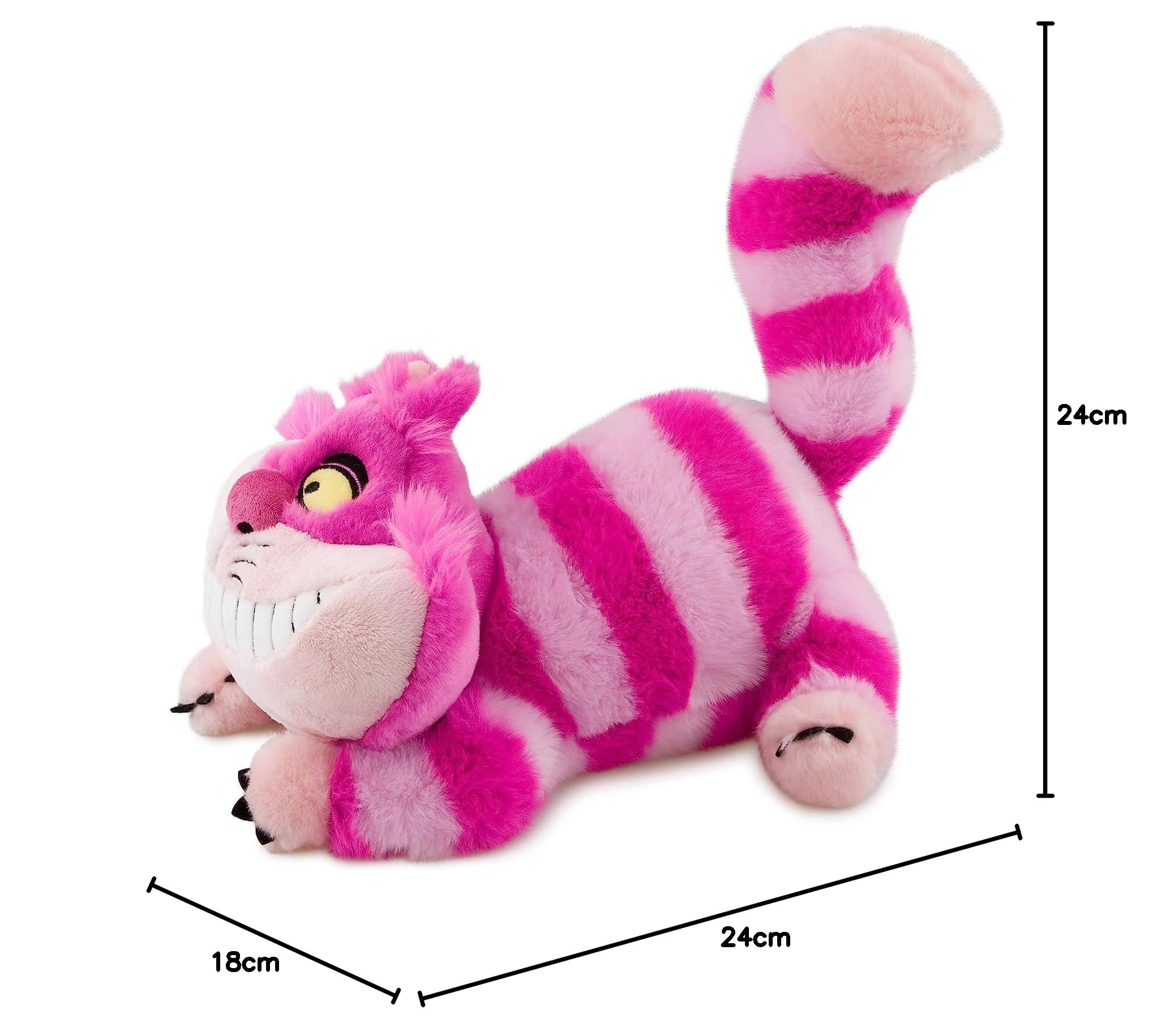 Disney Oficjalna miękka zabawka dla kota z Cheshire, Alicja w Krainie Czarów, 18 cm, kultowa przytulanka, ma haftowane detale i klasyczny uśmiech, filcowe pazury, odpowiednia dla dzieci w wieku od 12