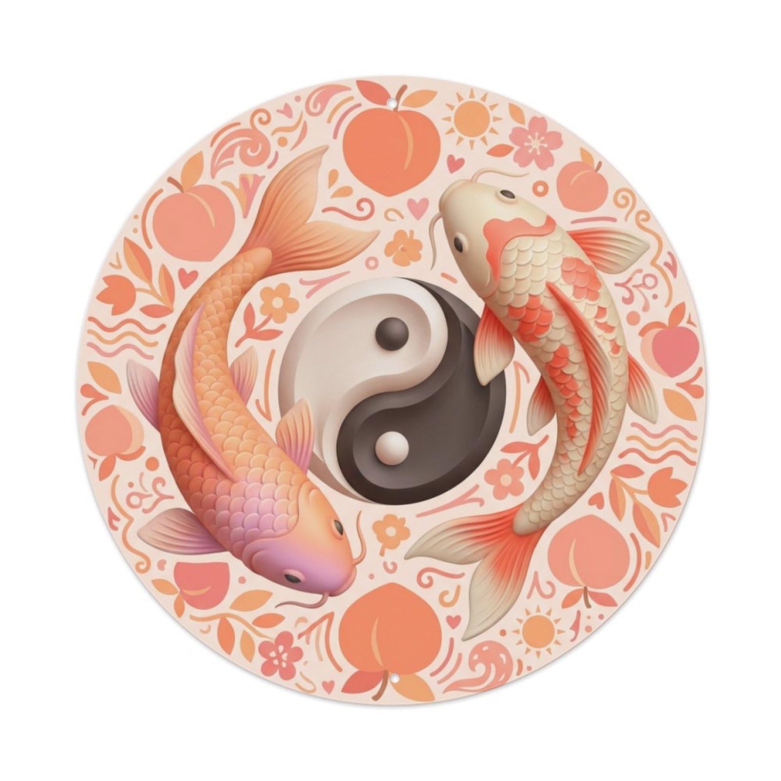 Metal Tin Sign Tai Chi Koi Fish Peach Orange