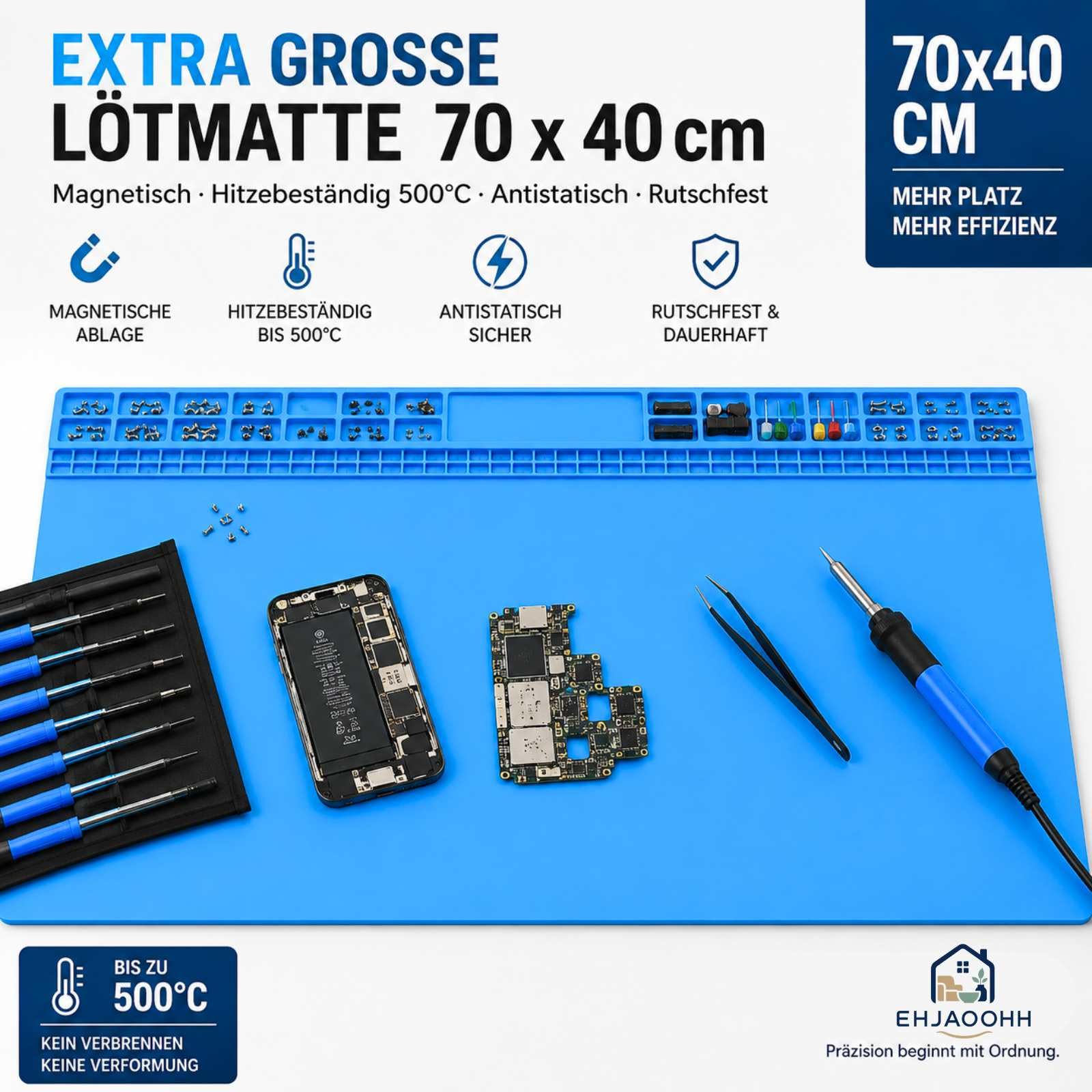 Tapis de Soudure en Silicone 70×40 cm Antistatique Résistant à la Chaleur | Support de Réparation Électronique Pliable pour Électronique Téléphone PC Bijoux Maintenance avec Grande Surface de Travail