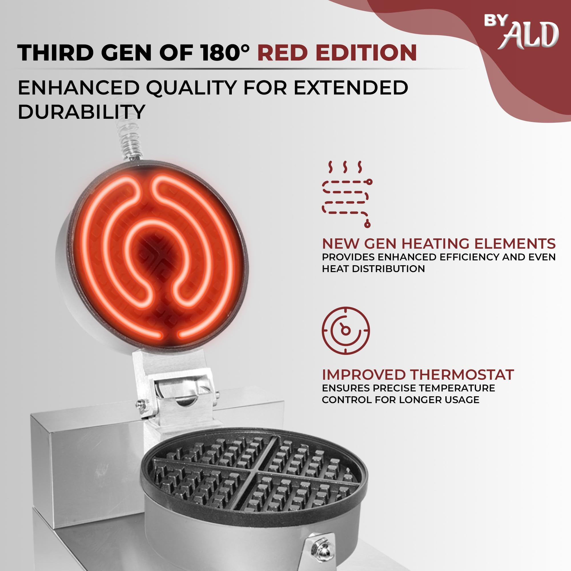 ALDKitchen Belgian Waffle Maker Thick | Waffle Iron with a Stylish Red Panel | Nonstick Coating | Business Use | 110V (Non-rotating)