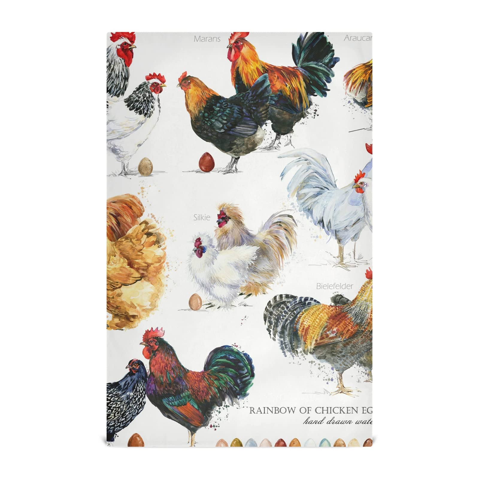 Poeticcity Multi 2 Chicken Hen Rooster Breed Collection Poultry Domestic Farm Birds 1 Pack Polyester Kitchen Dish Towel, Hand Bar Tea Towels With Hanging Loop, Hemmed Napkintowel Dishtowels Waffle Dishcloths