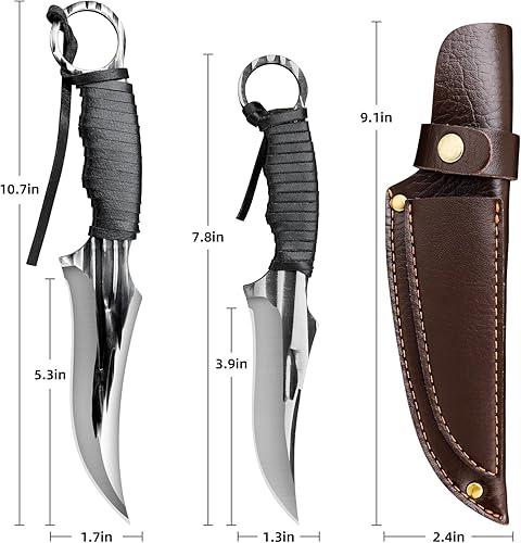 Miniatura 5 de Juego de 2 cuchillos tácticos de supervivencia con mango de espiga completa con funda para acampar al aire libre, pesca, cuchillo de caza de hoja