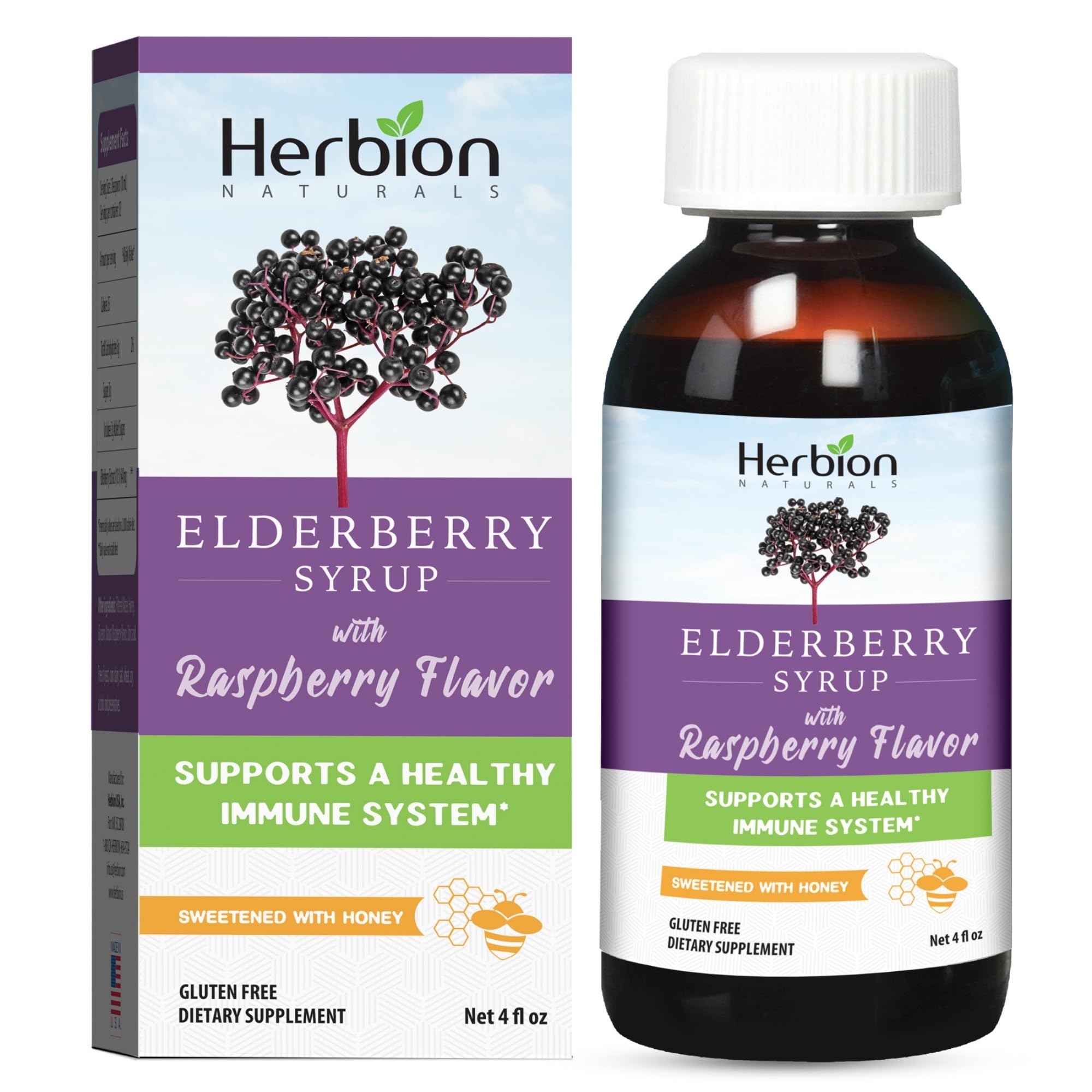Herbion Naturals Vlierbessensiroop, honing gezoet met natuurlijke frambozensmaak, gemaakt in de VS, 4 FL Oz