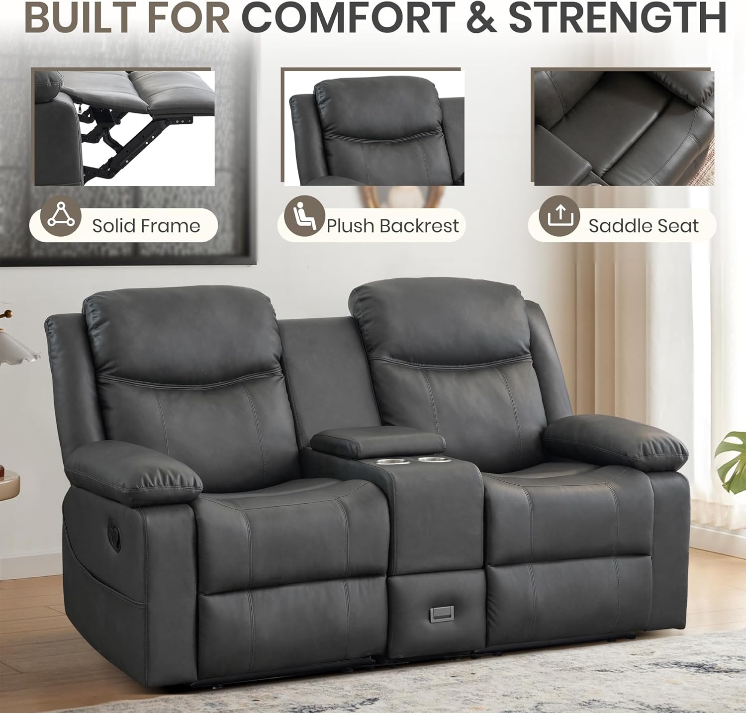 Manual Reclining Loveseat with Massage and Heat, Double Recliner Sofa with Center Console, Cup Holders & Storage for Living Room, RV (Grey)