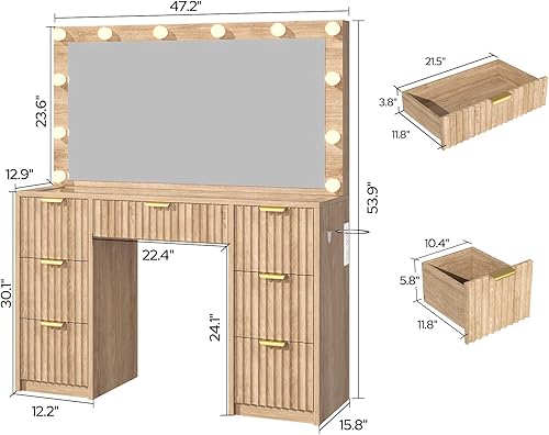 Vista 2 de Escritorio de maquillaje estriado de 47 pulgadas con espejo grande de 42 pulgadas y luces LED ajustables, mesa de tocador grande moderna con 7
