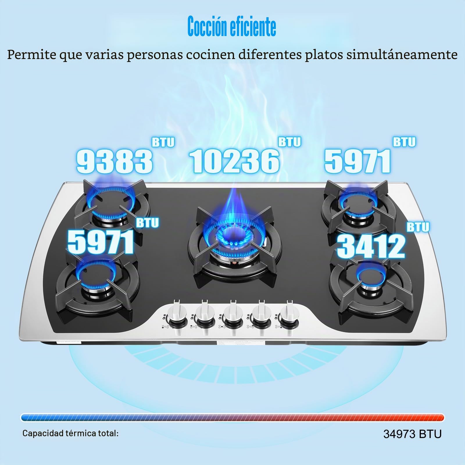 Placa de cocción con 5 quemadores de 5 zonas, quemador de gas, con estante para ollas para cocina doméstica o comercial en casas o restaurantes, 90 cm