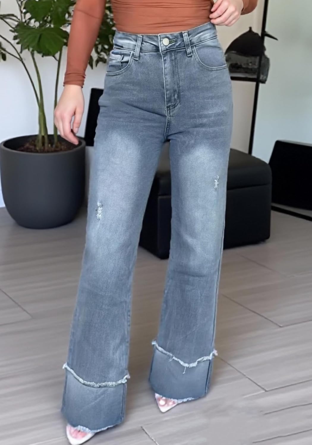 Vaceky Distressed Cuffed Jeans Women High Waist Stretch Denim Trouser - Image 2