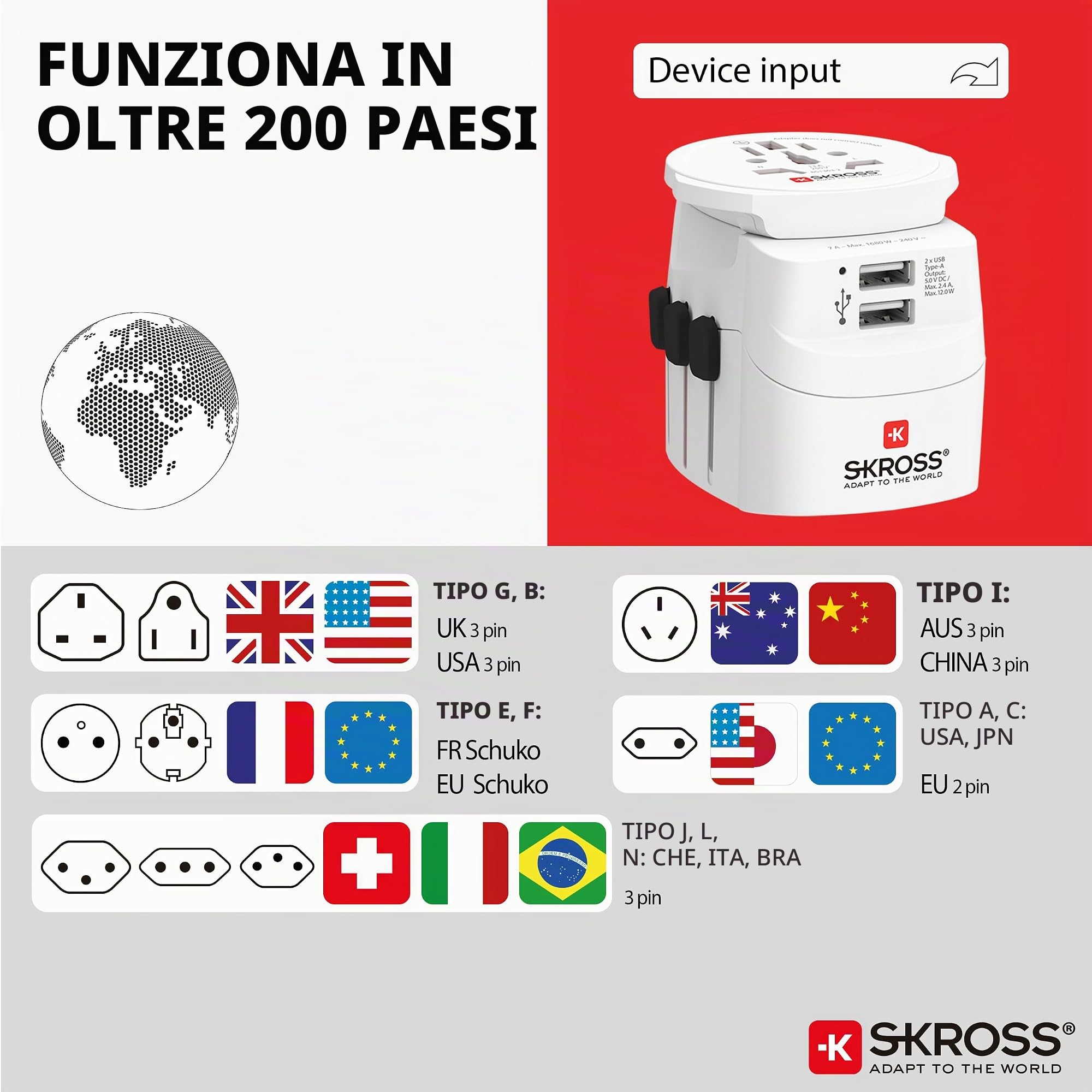 SKROSS - Adattatore da viaggio - World to Europe - con spina di terra (senza Svizzera e Italia) + 2xUSB 2400 mA