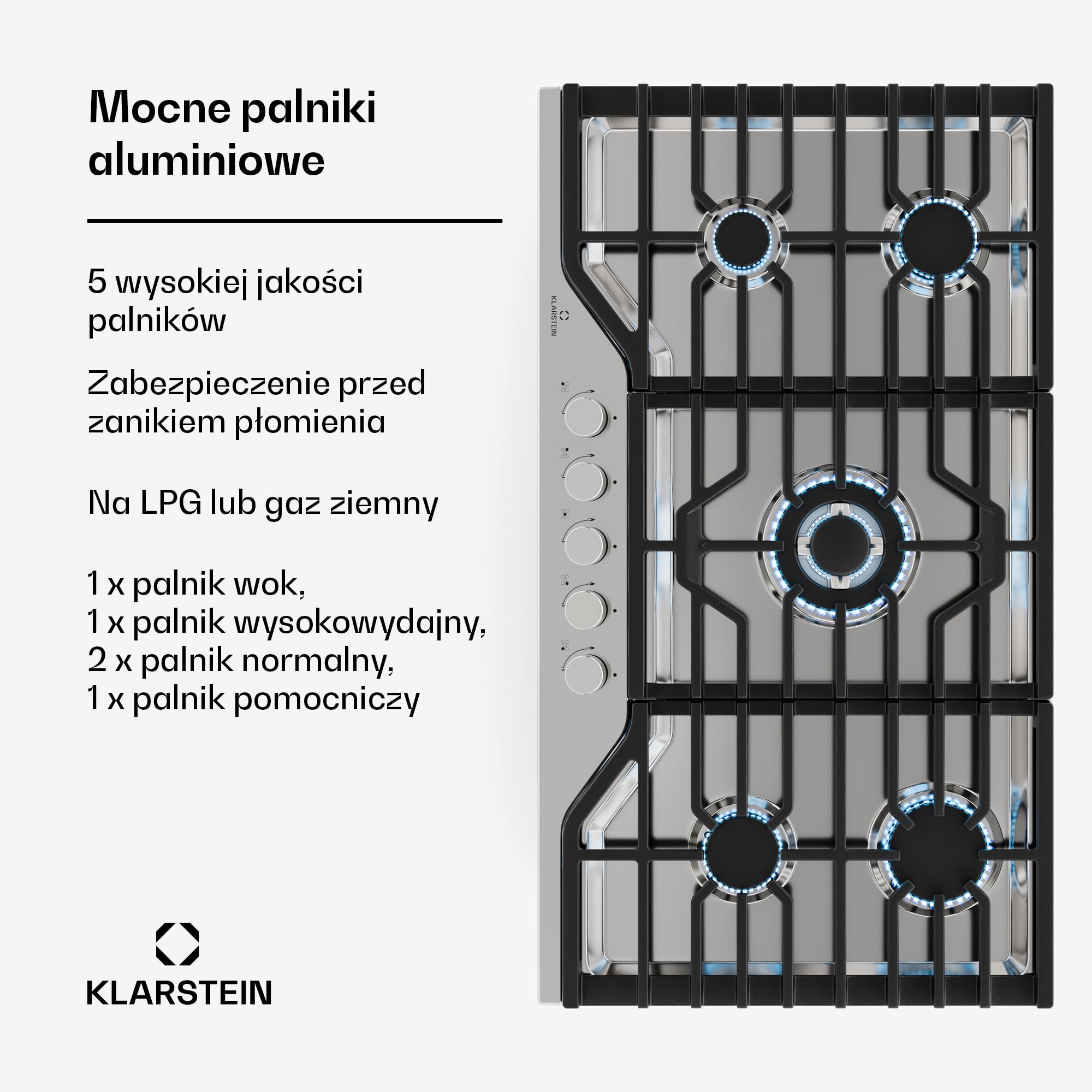 Klarstein Turbocast Płyta gazowa - 5 palników, Stal nierdzewna 304, Palnik wok 3,4 kW, Żeliwne podstawki, Zapłon elektryczny, Zabezpieczenie odcinające, Zestaw do przezbrojenia na LPG, Płyta gazowa
