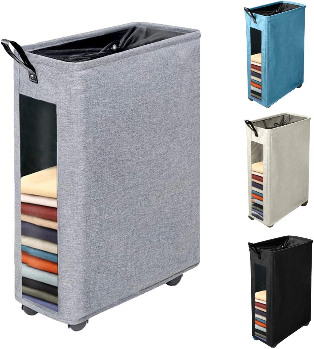 Henkelion Rolling Laundry Hamper, Collapsible Laundry Basket with Wheels and Handles, Tall Large Slim Narrow Foldable Storage Corner Bin with Visible Clear Window for Dirty Clothes - 27 Inches - Grey