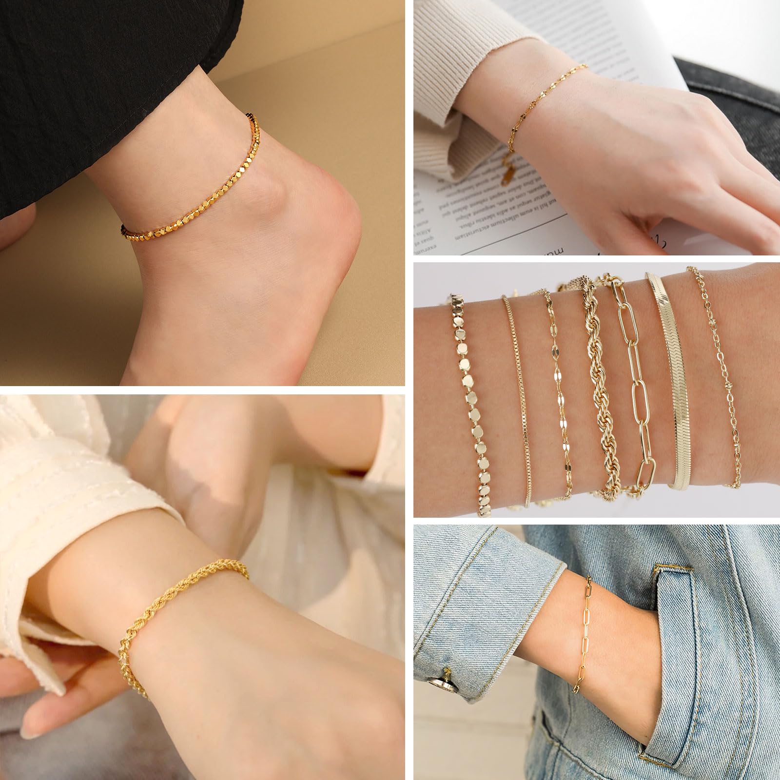7Pcs Pulseras Oro Mujer, 14K Pulseras de Cadena Pulsera Acero Inoxidable Pulseras Mujer Oro Ajustable — view 7