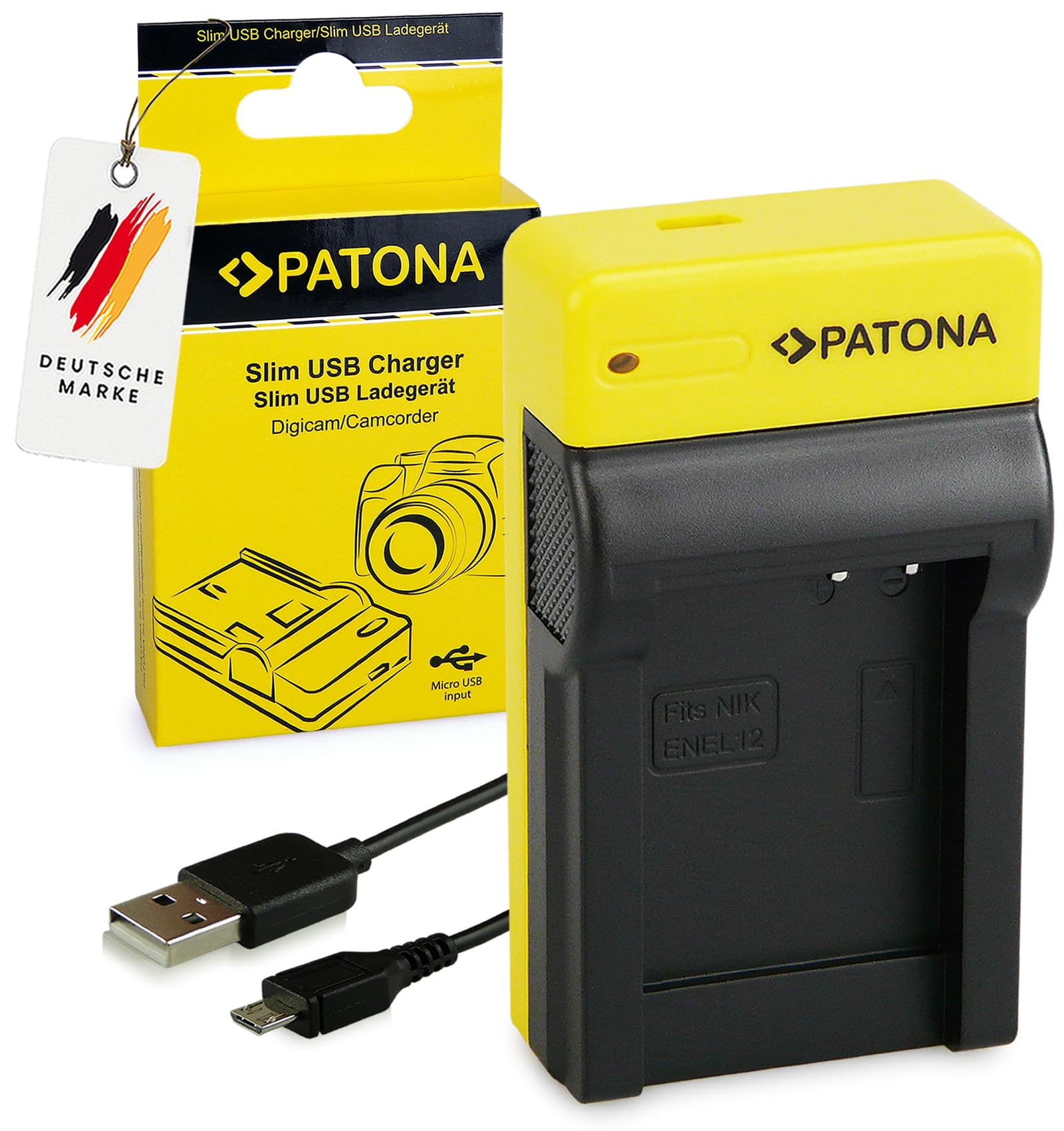PATONA Caricabatterie Slim USB-C per batteria Nikon EN-EL12 – per CoolPix A1000 A900 AW100 AW130 P300 P310 P340 S8000 S8200 S9100 S9400–S9900 S1200pj – ricarica ovunque, anche da powerbank