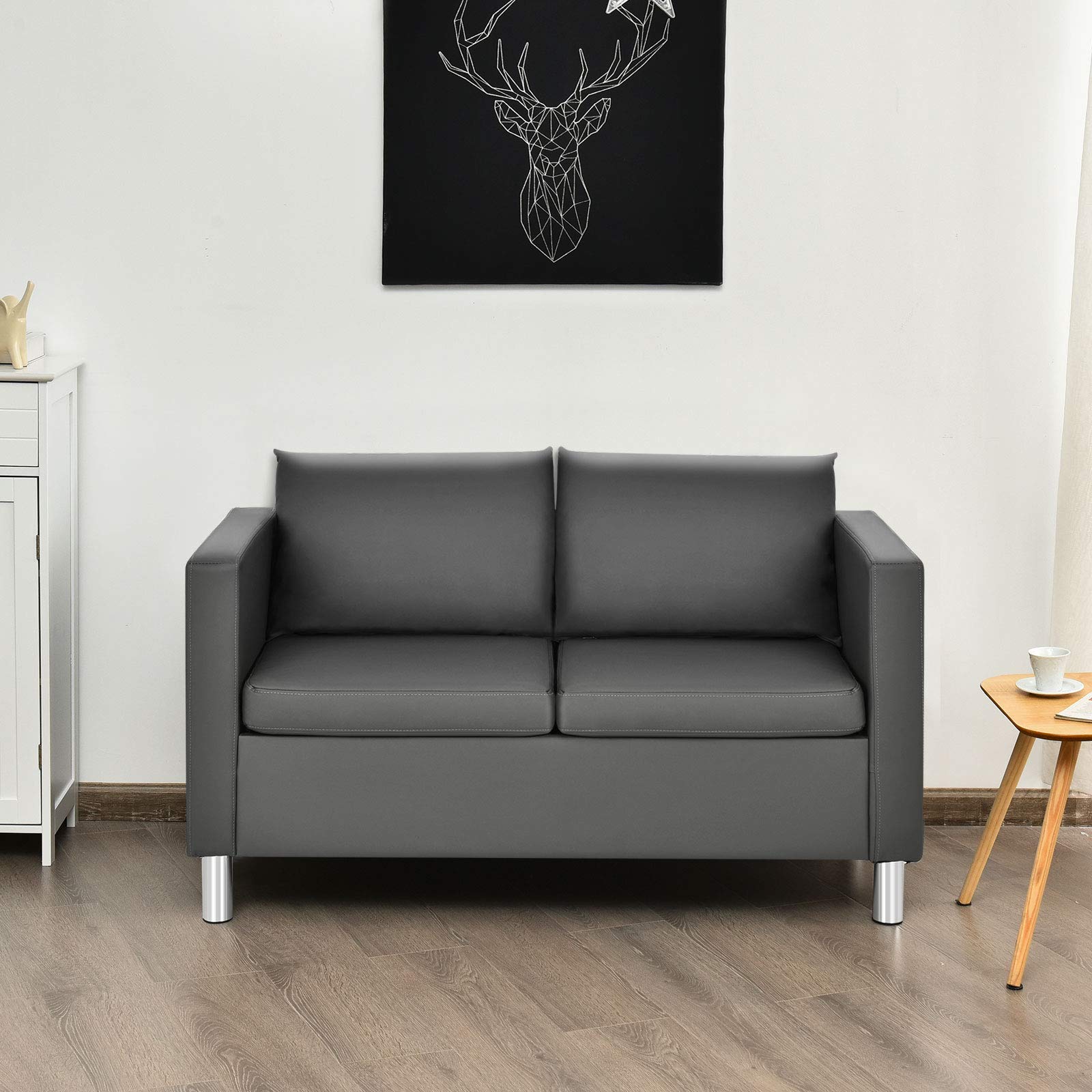 COSTWAY Divano a 2 Posti, Divano Moderno con Cuscino Morbido, Gambe in Legno di Gomma, In Similpelle PU, Carico 240 kg, 120x60x62,5 cm