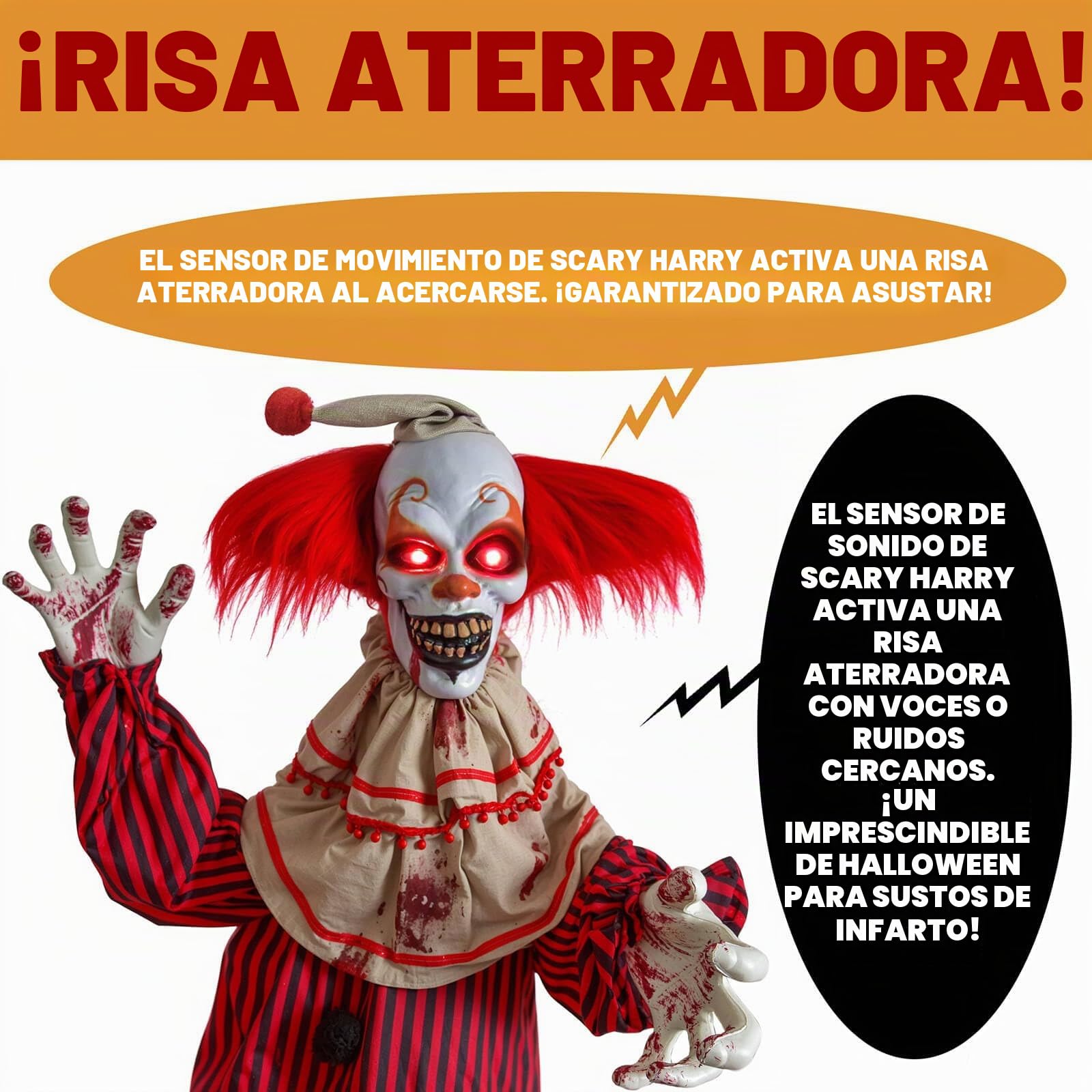 Presence Decoraciones de Halloween de 72 Pulgadas para Exteriores, Payaso animatrónico de pie con Ojos Rojos iluminados, Brazos y Cabeza móviles activados por Movimiento y Sonido, Payaso Aterrador