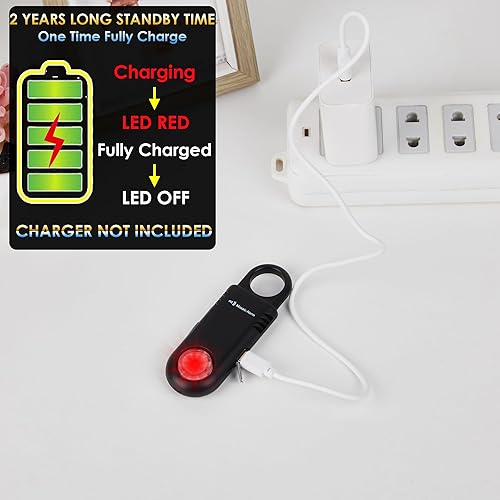 Miniatura 8 de Paquete de 2 llaveros de alarma de seguridad personal recargables de 135 dB, luz estroboscópica, agarre antideslizante, sirena SOS para mujeres y