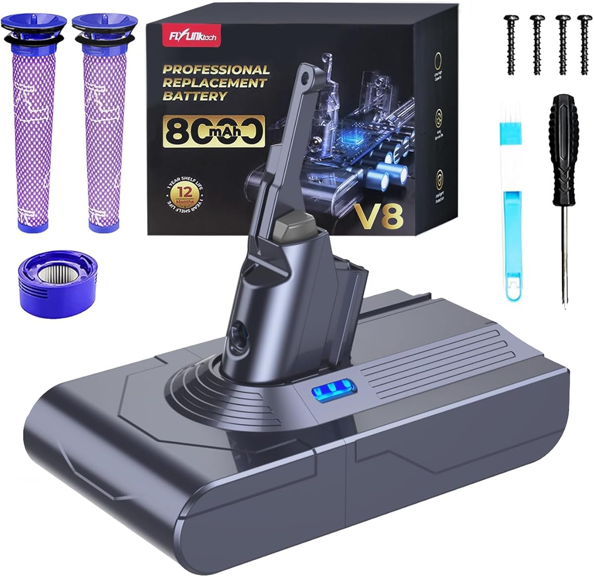 FLYLINKTECH 8000mAh V8 Battery Replacement Battery for V8 SV10 Compatible with Animal, Absolute, Fluffy, Parquet, Range Vacuum Cleaner with 3 Filters + Cleaning Brush + Screwdriver