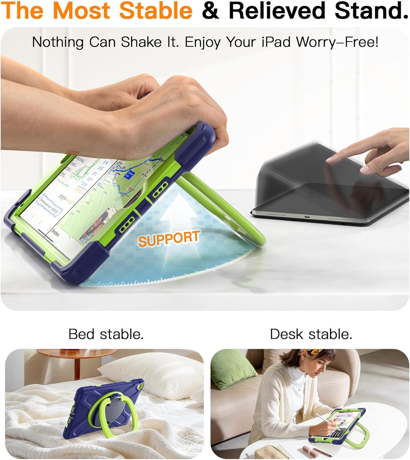 BATYUE Case for iPad 6th Generation 9.7 inch 2018, iPad 5th Gen 2017, iPad Air 2/ iPad Pro 9.7'',Shockproof Protective Cover with Pencil Holder &Rotating Bracket &Shoulder Strap (Navy Blue+Lime)