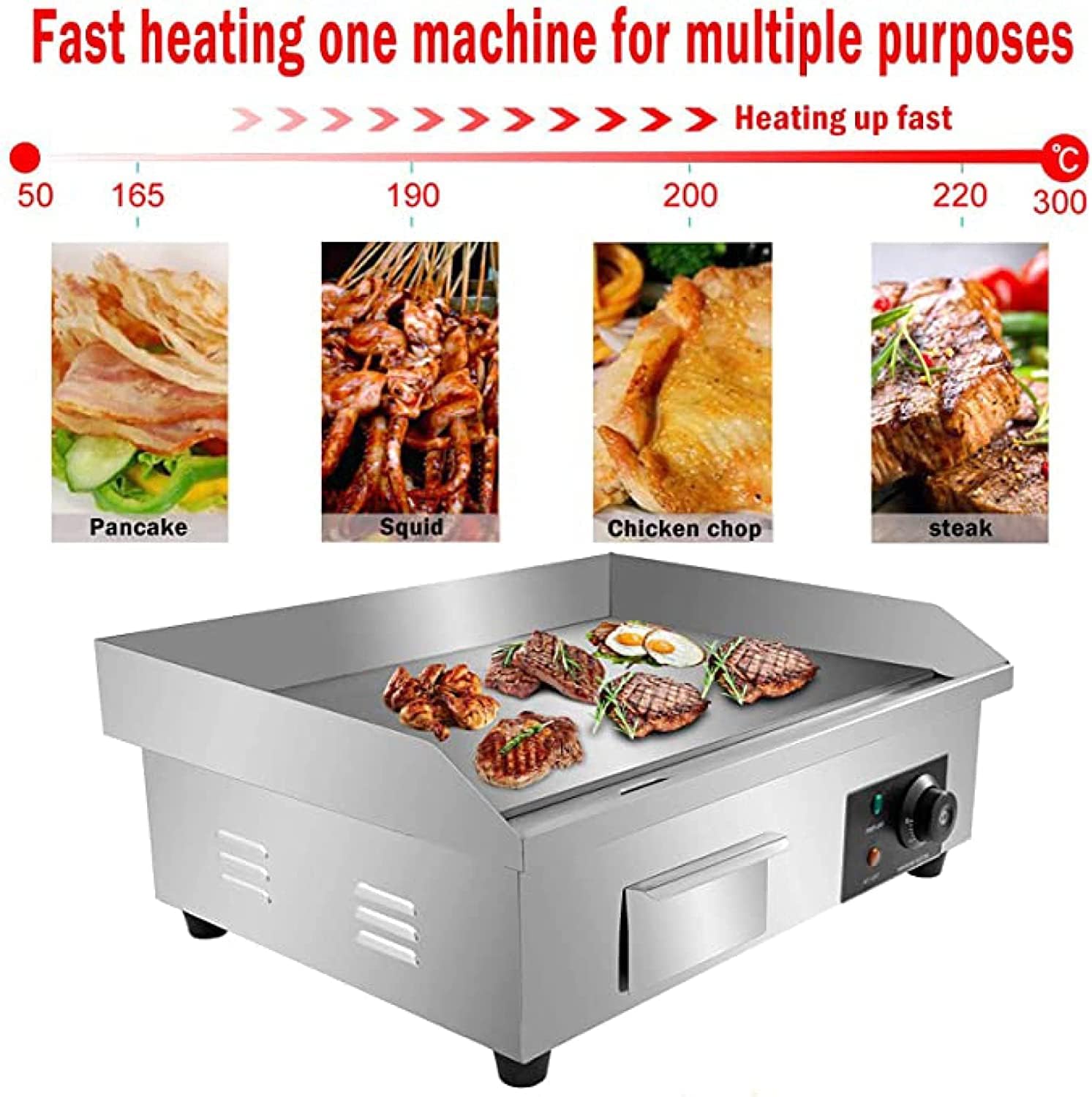 Large Commercial Electric Frying Pan, Thermostatically Controlled, Evenly Heated, Multi-Function Iron Plate Roaster, Suitable for Baking Cheese, Bacon, Sausage