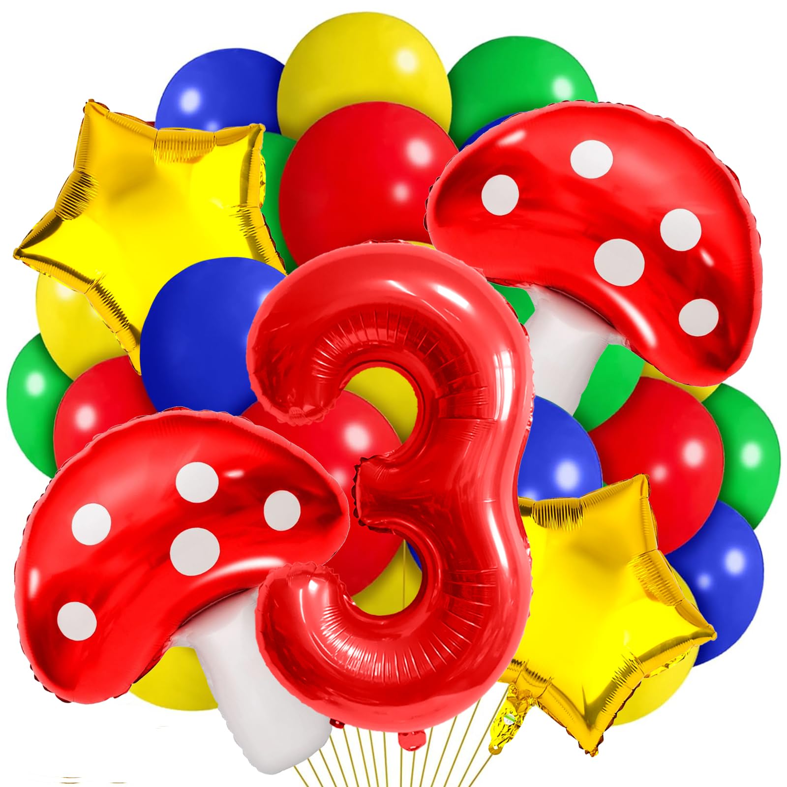 3 Balloon Number Red Blue Green Yellow Balloon Cartoon Mushroom Decorations Star Balloons for Birthday, Carnival, Party Activities, Cartoon Video Game