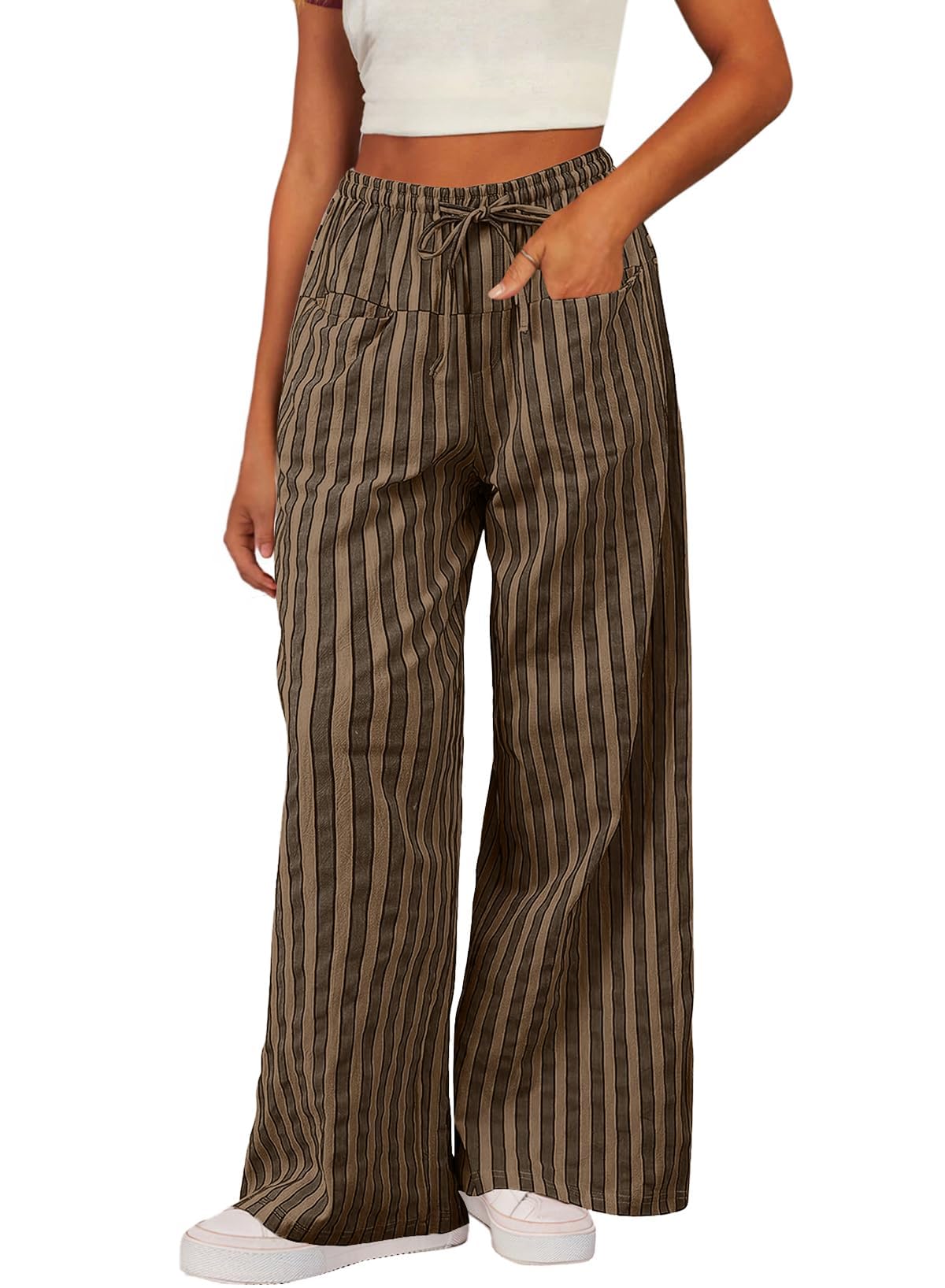 WOWULOVELY Women Casual Striped Drawstring Pants Wide Leg Pants with Pockets Elastic Trousers Loose Lounge Pajama