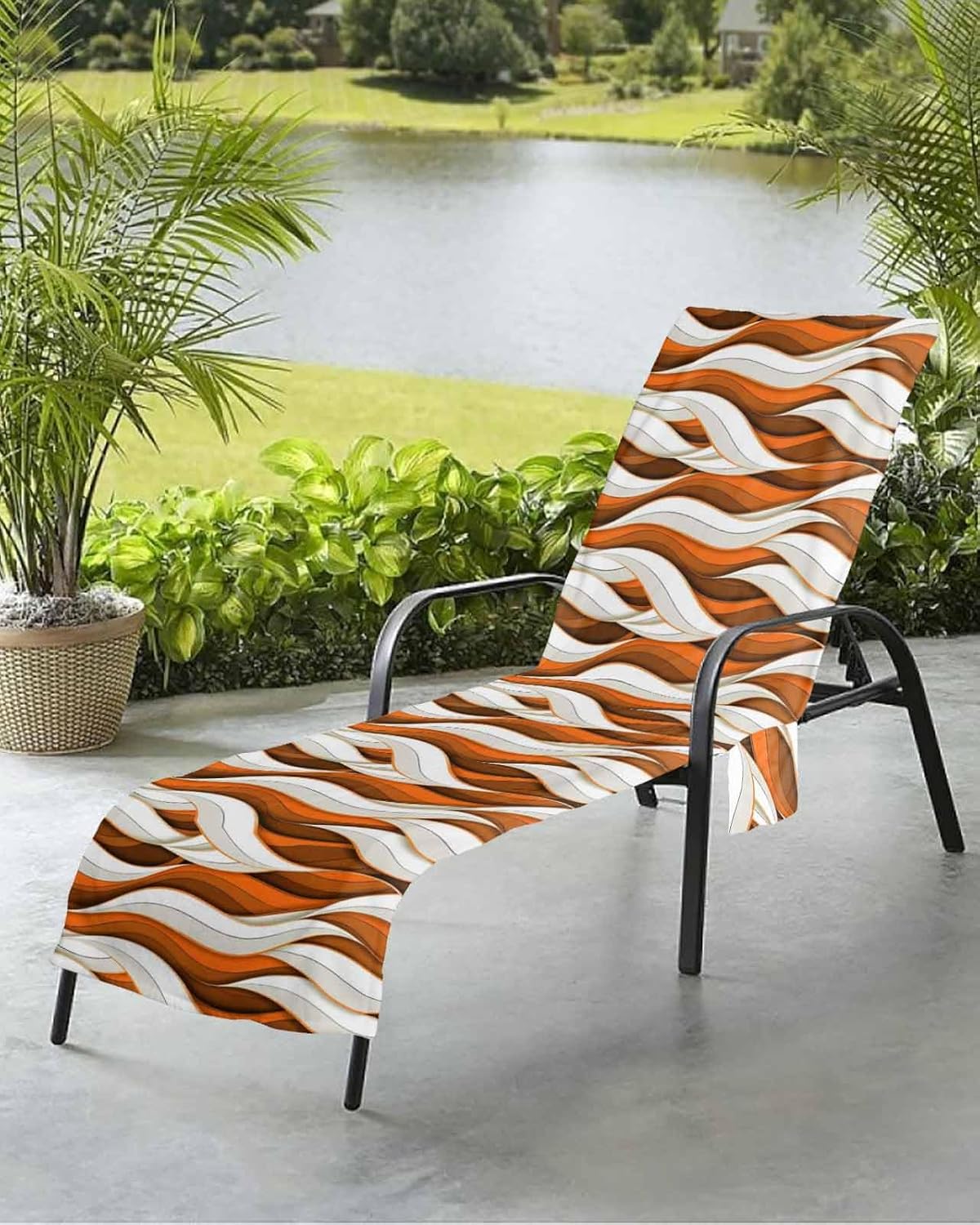 Geometric Orange Beach Pool Patio Lounge Chaise Chair Cover Towel With Pockets,Absorbent & Quick Dry Microfiber Towel Cover Bag Summer Accessories for Sunbathing Modern Abstract Brown White Stripes
