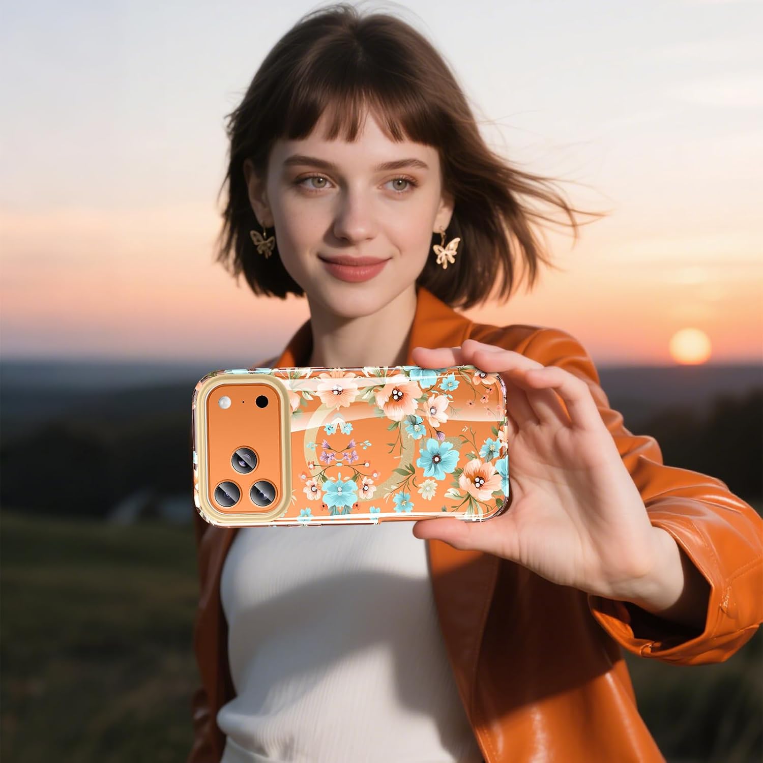 STERKER Designed for iPhone 17 Pro Max Case 6.9" [Compatible with Magnetic] [Built-in Screen Protector] Full Body Rugged Drop Proof 17 ProMax Cover - Ethereal Petal Orange