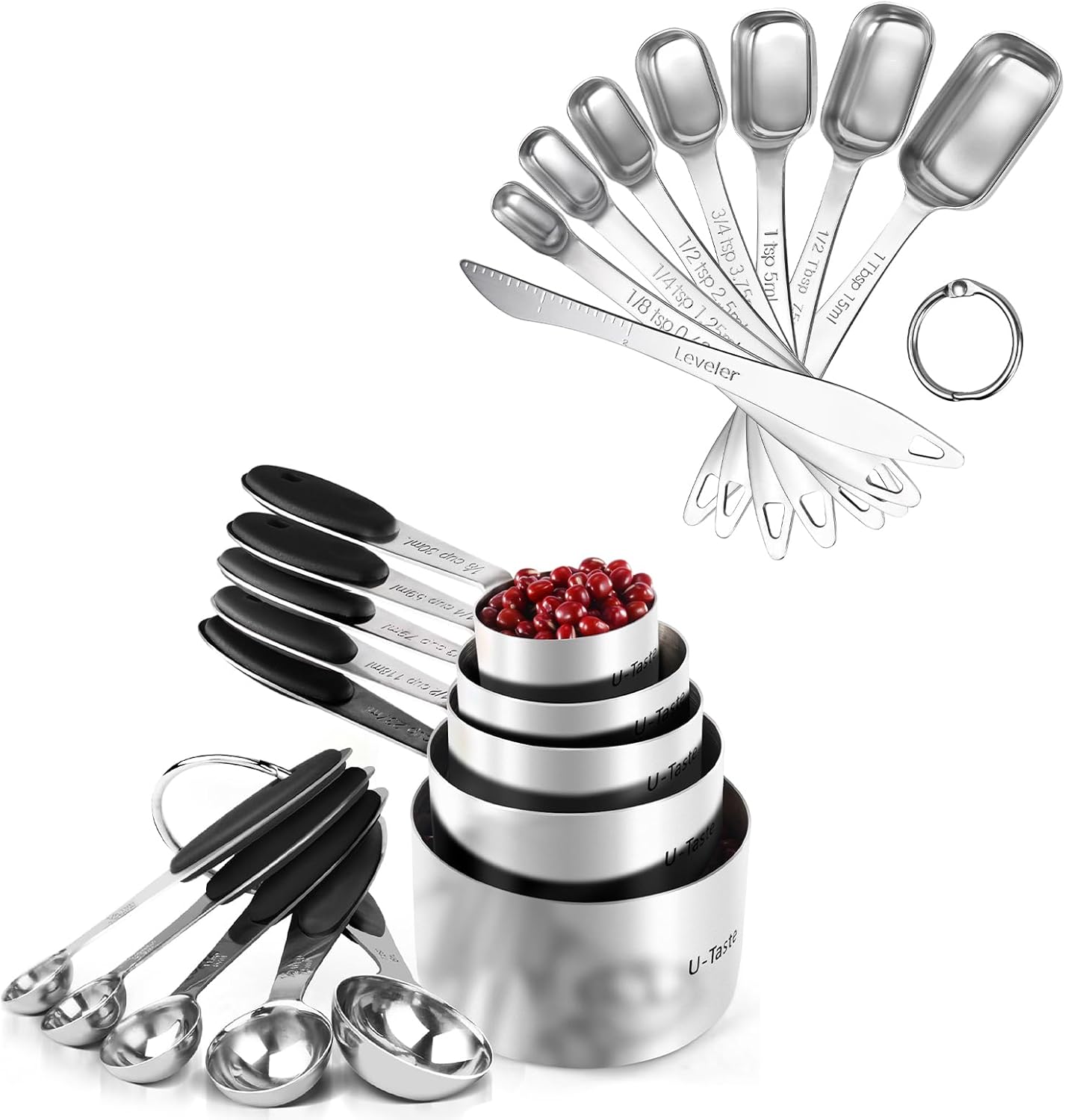 U-Taste 18/8 Stainless Steel Measuring Cups and Spoons Set of 10, and 18/8 Stainless Steel Square Measuring Spoons Set of 8 (Black+Silver)