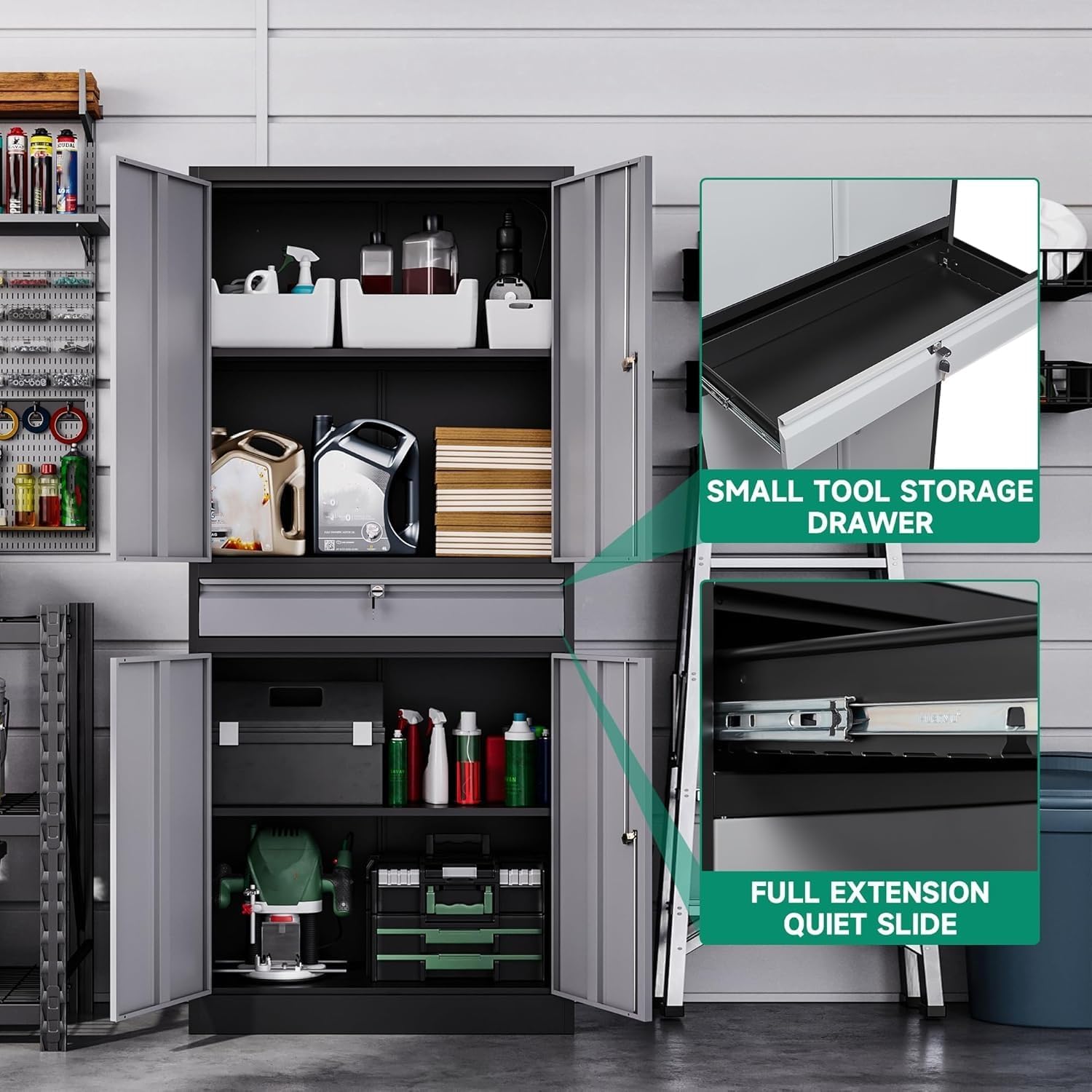 Letaya Metal Garage Storage Cabinet with Drawer,4 Door Tool Cabinet with Lock-2 Adjustable Shelves for Garage Home Office Utility Room (Black & Gray)