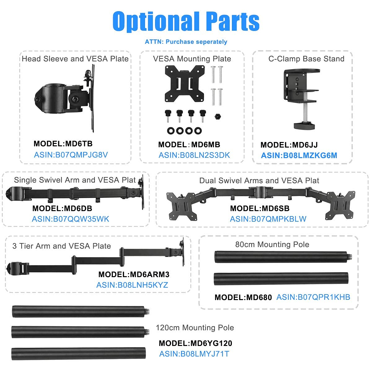 Suptek Single Monitor Arm, Tall Monitor Stand 80cm Pole, Max Load 10kg