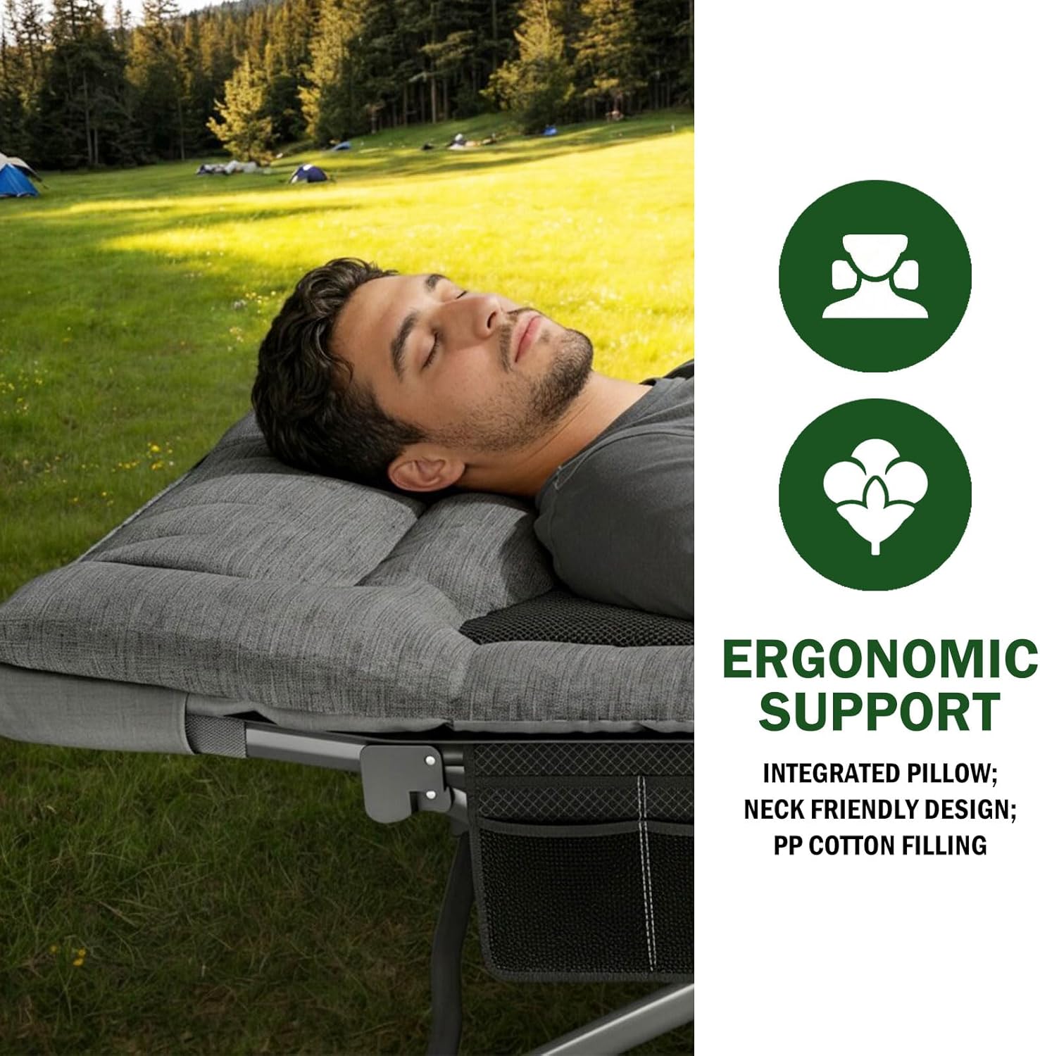Mopaicot Camping Cot for Adults, Adjustable Headrest Folding Bed, Comfortable Cushion, Portable Sleeping Bed for Camp, Supports 450 lbs with Carry Bag