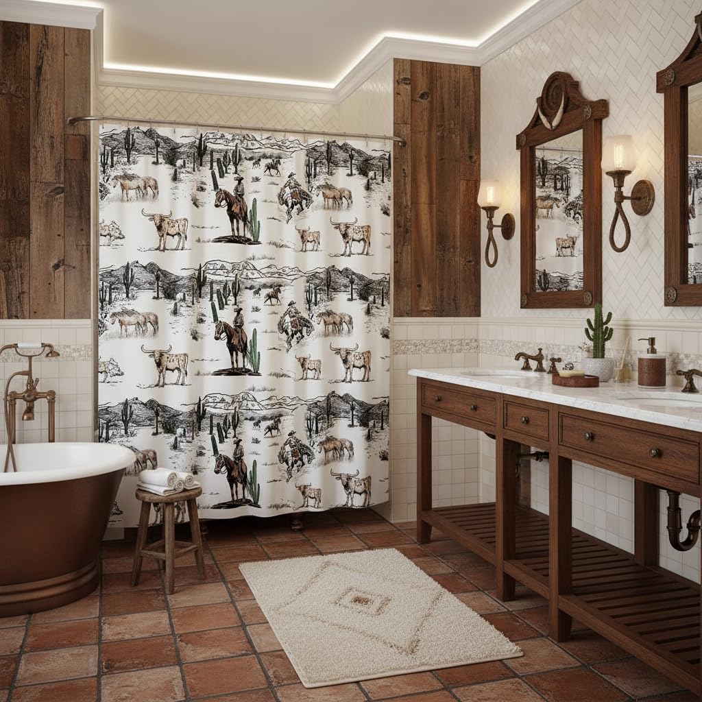 Western Cowboy Shower Curtain,Vintage Southwest Style Waterproof Curtain Desert Cactus Cow Horse Animals Bathroom Curtain for Kids Boys Girls Adult