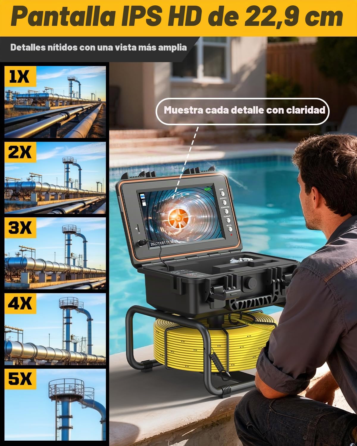 Camara Inspeccion Tuberias 30M con Sonda 512Hz | 1080P HD, Autonivelante, DVR, Cable de 7MM, Impermeable IP68, Adecuada para Alcantarillado, Tuberías, Piscinas y Desagües
