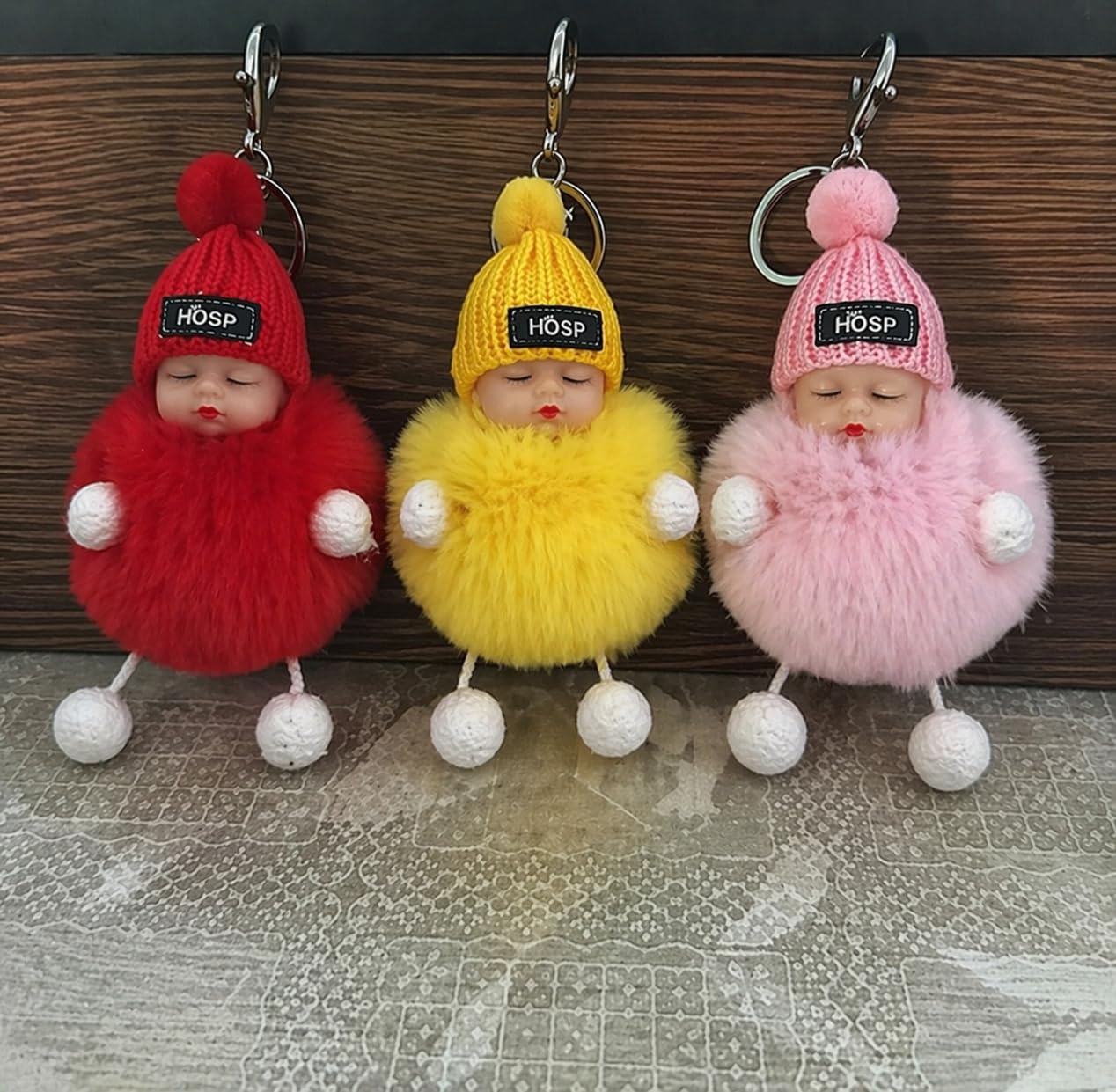 Cute Sleeping & Smiley Baby Doll Keychains Fluffy Fur Pompom Keychain For Car, Scoty, Bag Chain, Pendants Soft Baby Doll Keychain for Kids, Girls, Multicolour (Pack of 3)-image-34