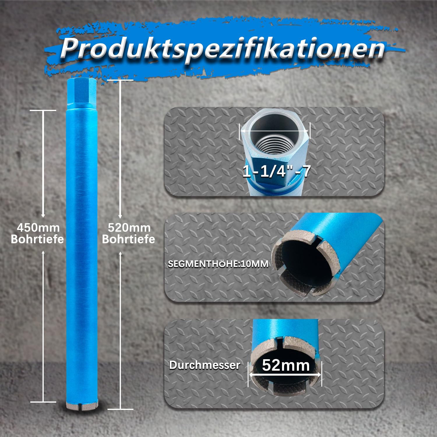 LASERGESCHWEIßT Diamantbohrkrone für Kernbohrkrone 1¼" UNC Nassbohrkrone DM 52mm L 450 mm